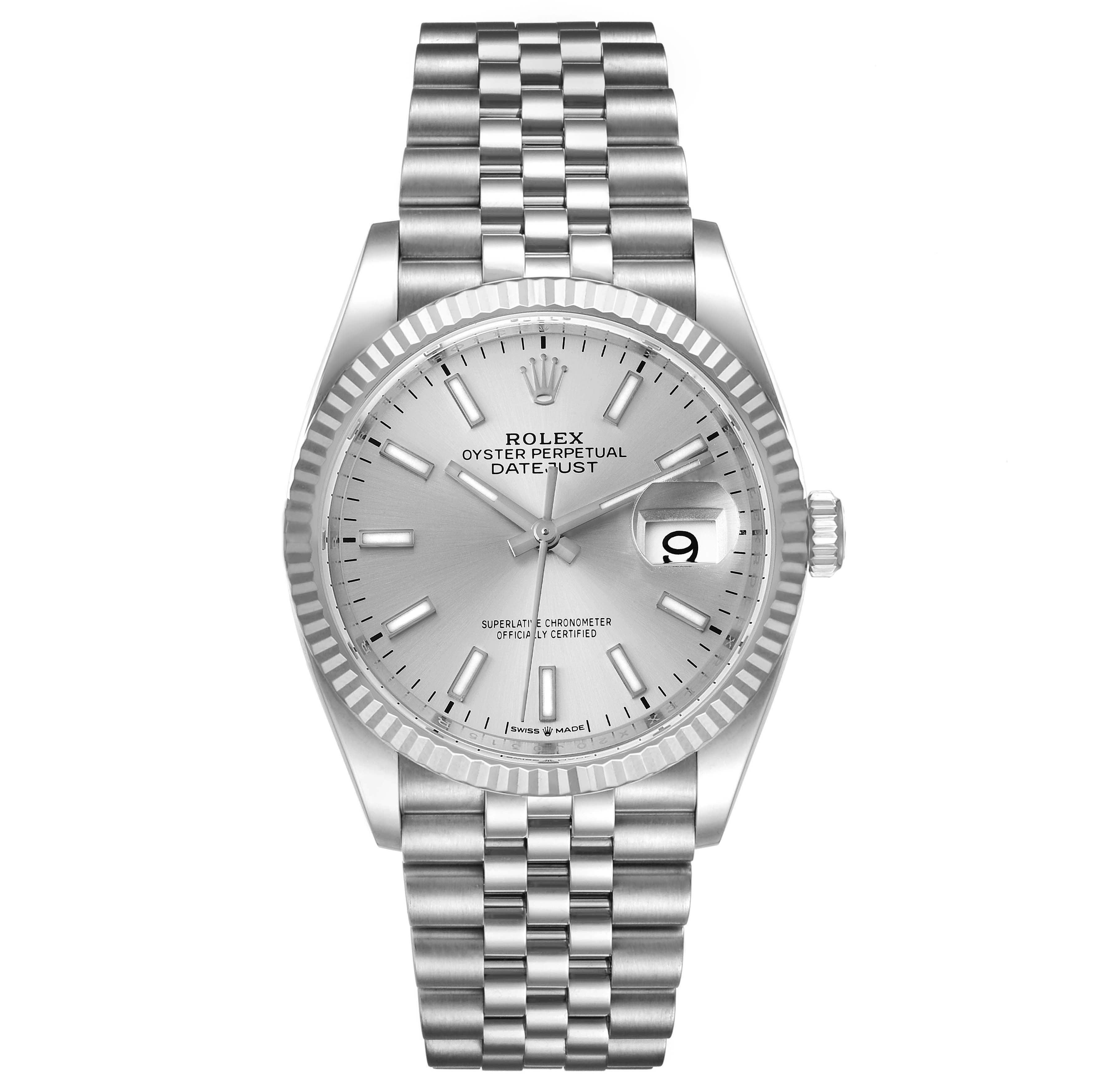 The image shows a front view of a Rolex Datejust 126234 Men's Stainless Steel Silver Dial 126234 Men's Stainless Steel Silver Dial watch with a silver dial and jubilee bracelet.