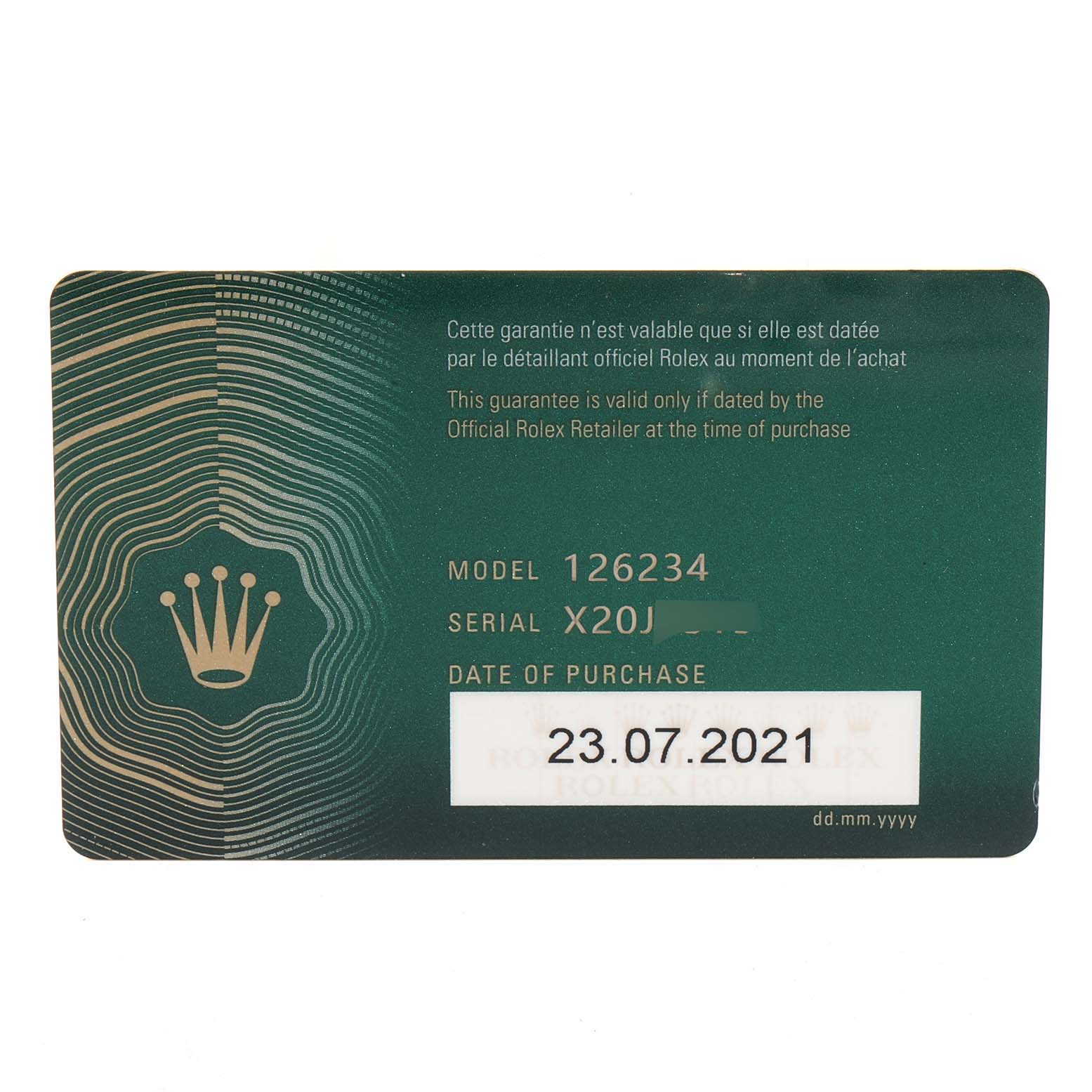 The image shows a Rolex Datejust 126234 Men's Stainless Steel Silver Dial 126234 Men's Stainless Steel Silver Dial warranty card with the model number 126234 and the purchase date of 23.07.2021.