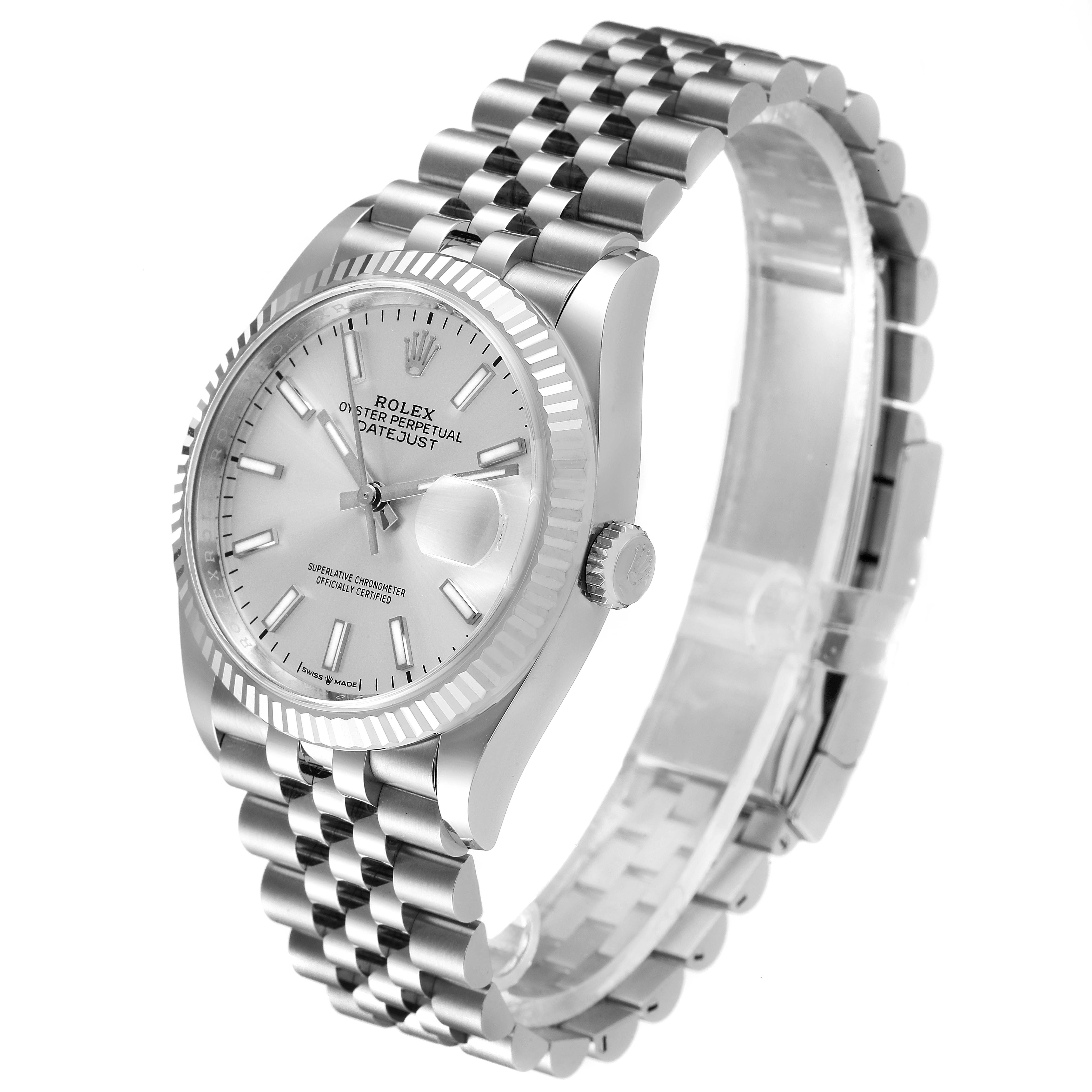 This Rolex Datejust 126234 Men's Stainless Steel Silver Dial 126234 Men's Stainless Steel Silver Dial watch is shown at an angle highlighting the dial, bezel, and jubilee bracelet with intricate detailing.