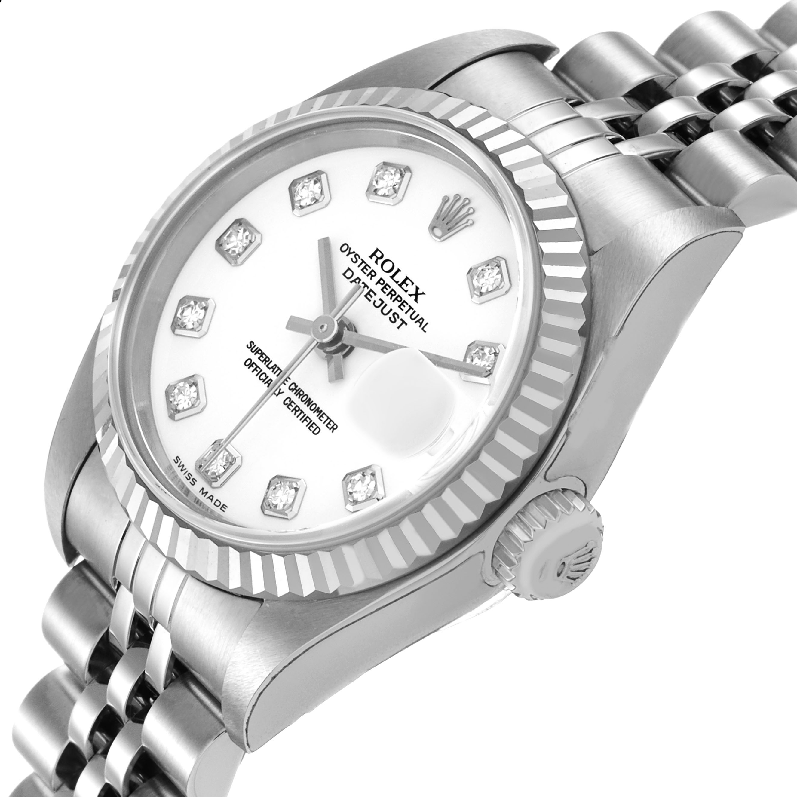 The Rolex Datejust 179174 Women's Stainless Steel White Dial watch is shown at an angled side view, highlighting the dial, bezel, and part of the bracelet.