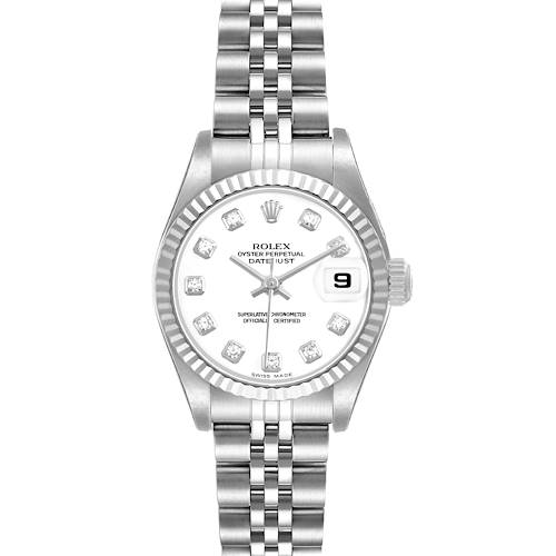 The Rolex Datejust 179174 Women's Stainless Steel White Dial watch is shown from a front angle, highlighting the dial, bracelet, and date window.