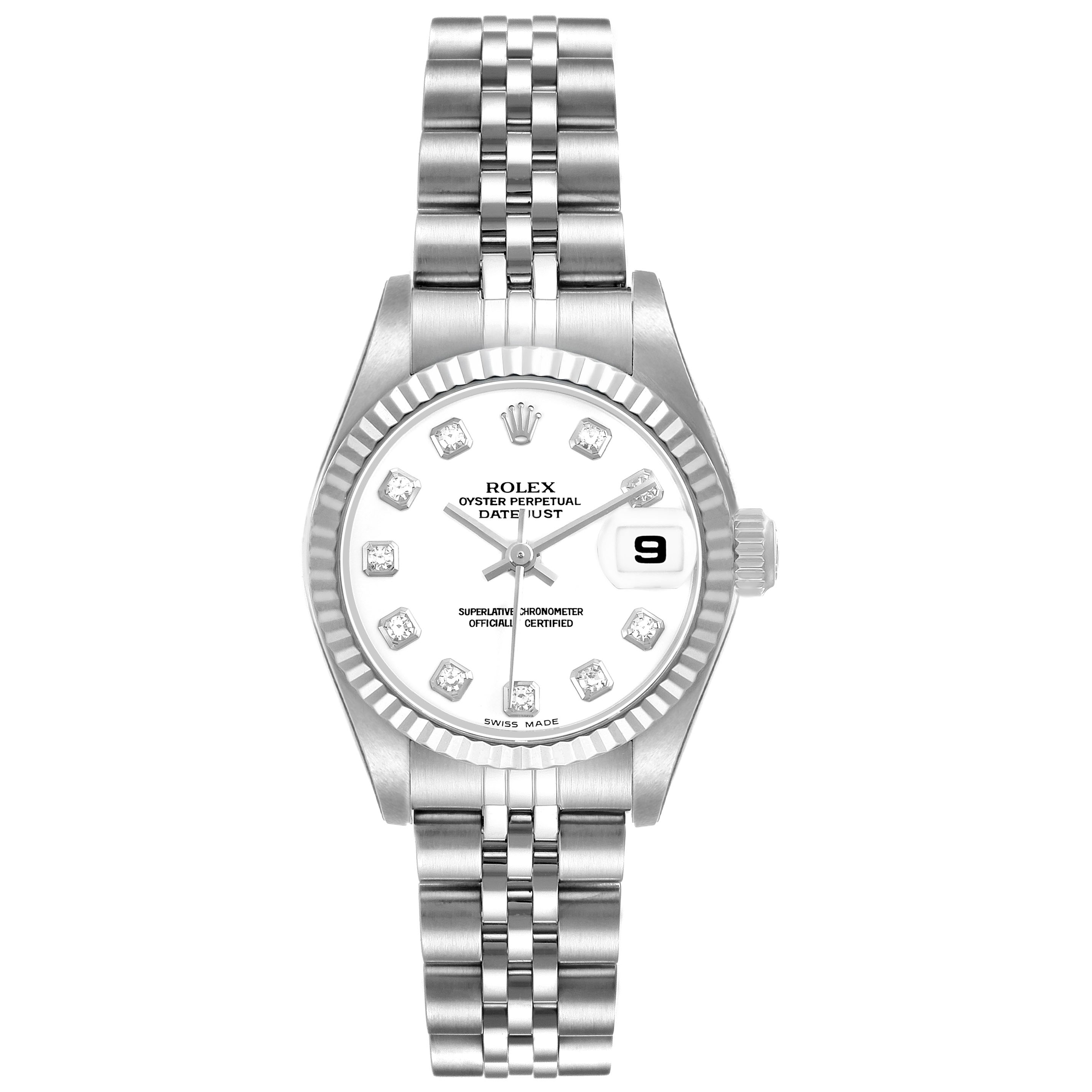 The Rolex Datejust 179174 Women's Stainless Steel White Dial is shown from the front, displaying its face, bezel, and bracelet.