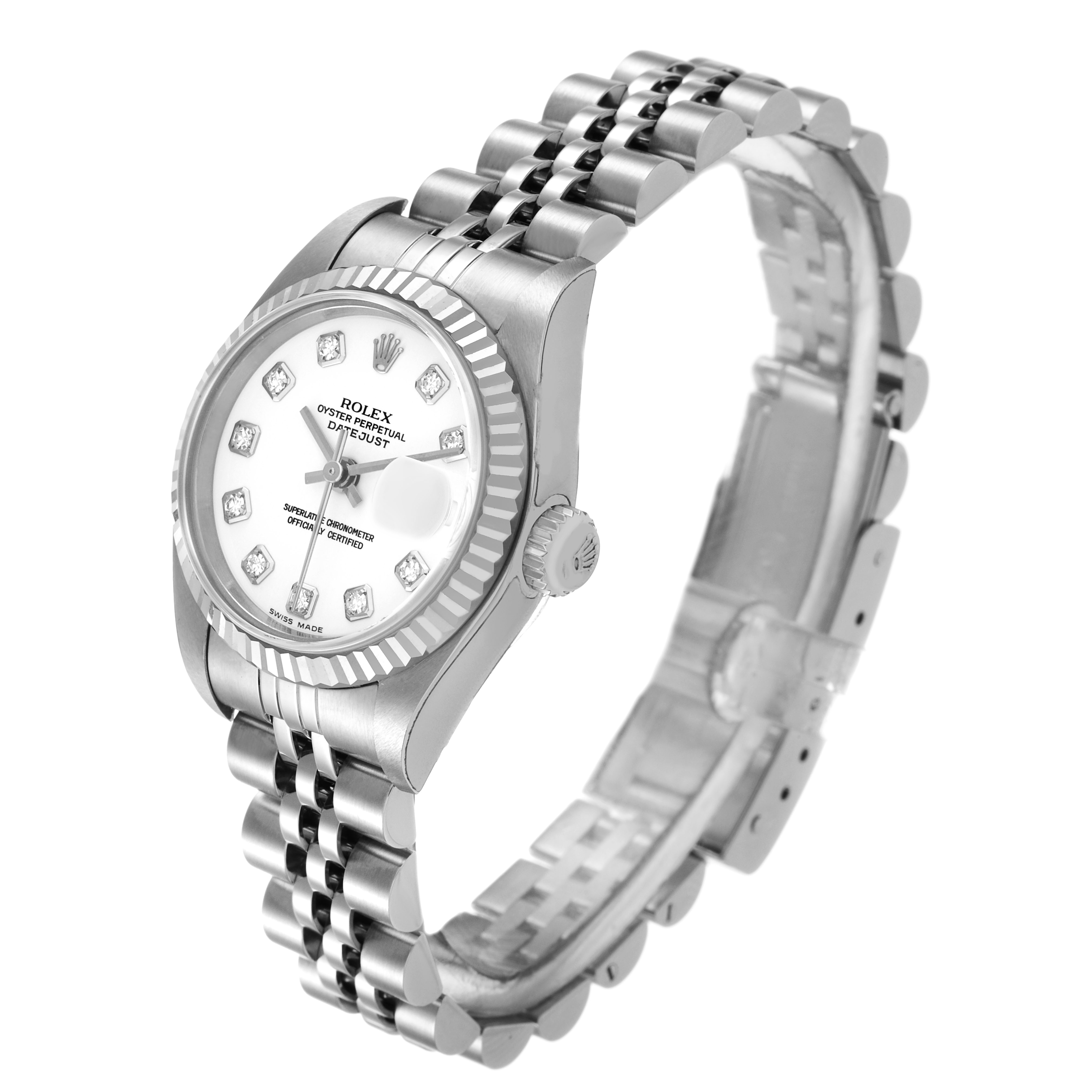 The Rolex Datejust 179174 Women's Stainless Steel White Dial watch is shown at a three-quarter angle, highlighting its face, bezel, crown, and bracelet.