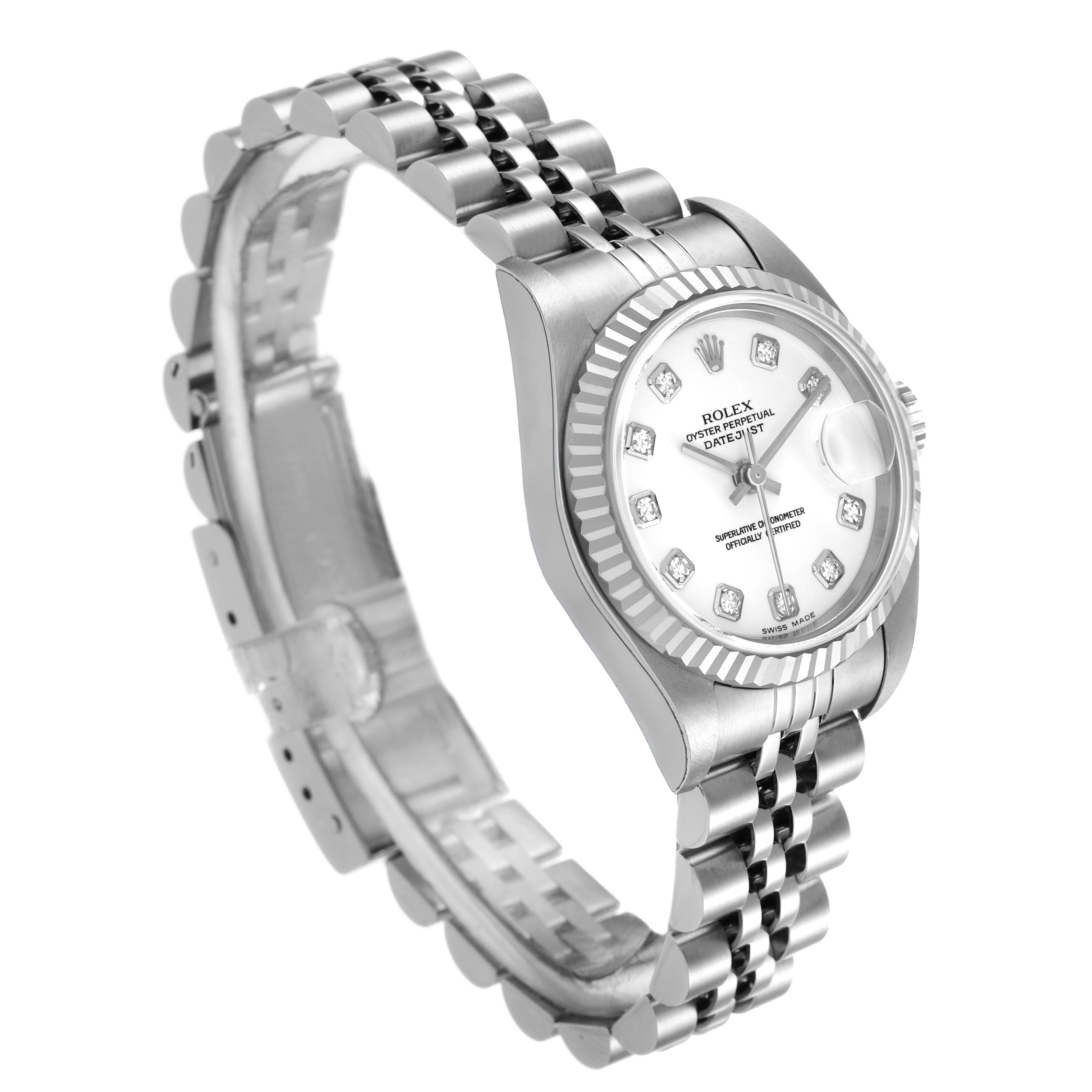 The Rolex Datejust 179174 Women's Stainless Steel White Dial watch is shown at a perspective angle highlighting the dial, bezel, and bracelet.