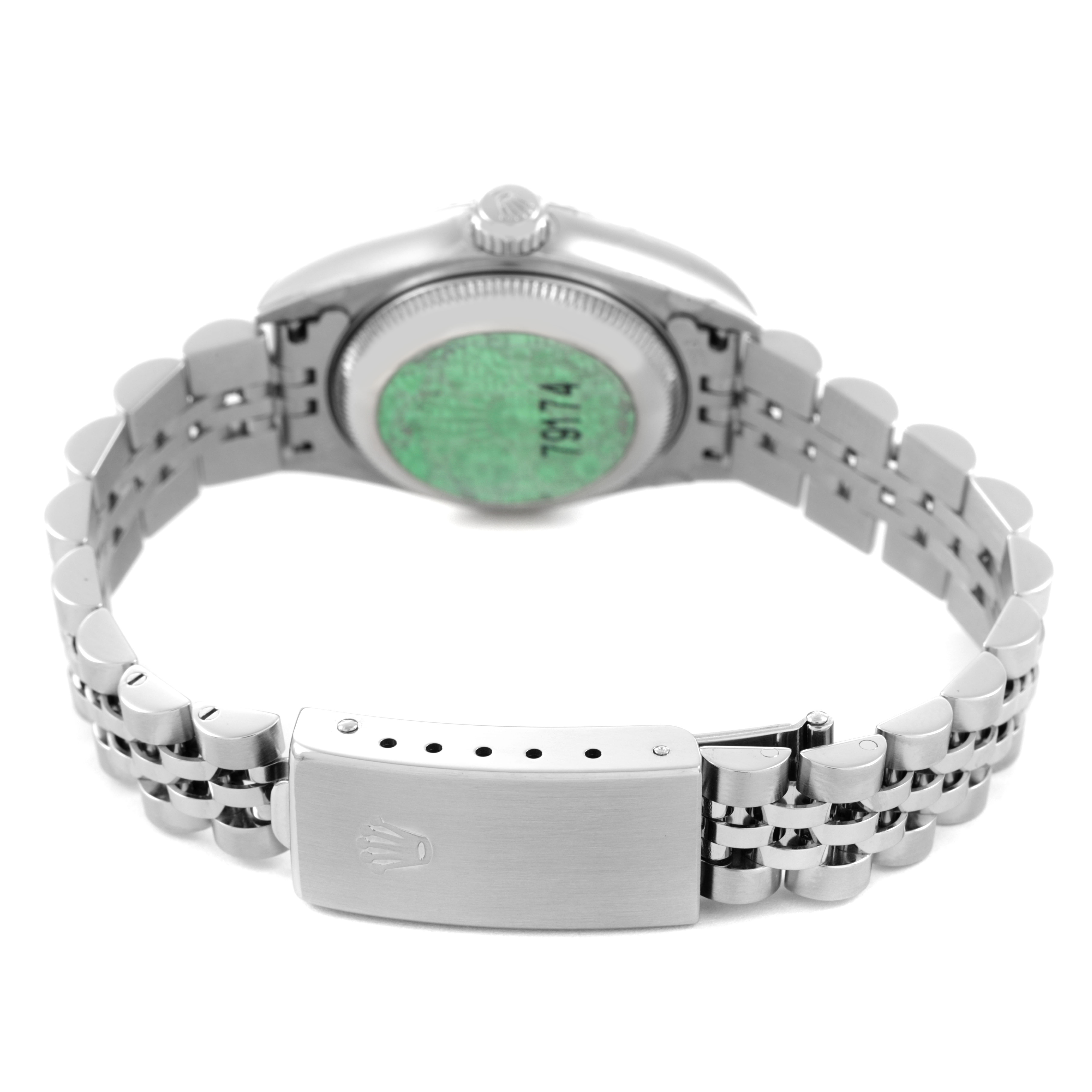 The Rolex Datejust 179174 Women's Stainless Steel White Dial watch is shown from the back, highlighting the clasp, bracelet, and case back.