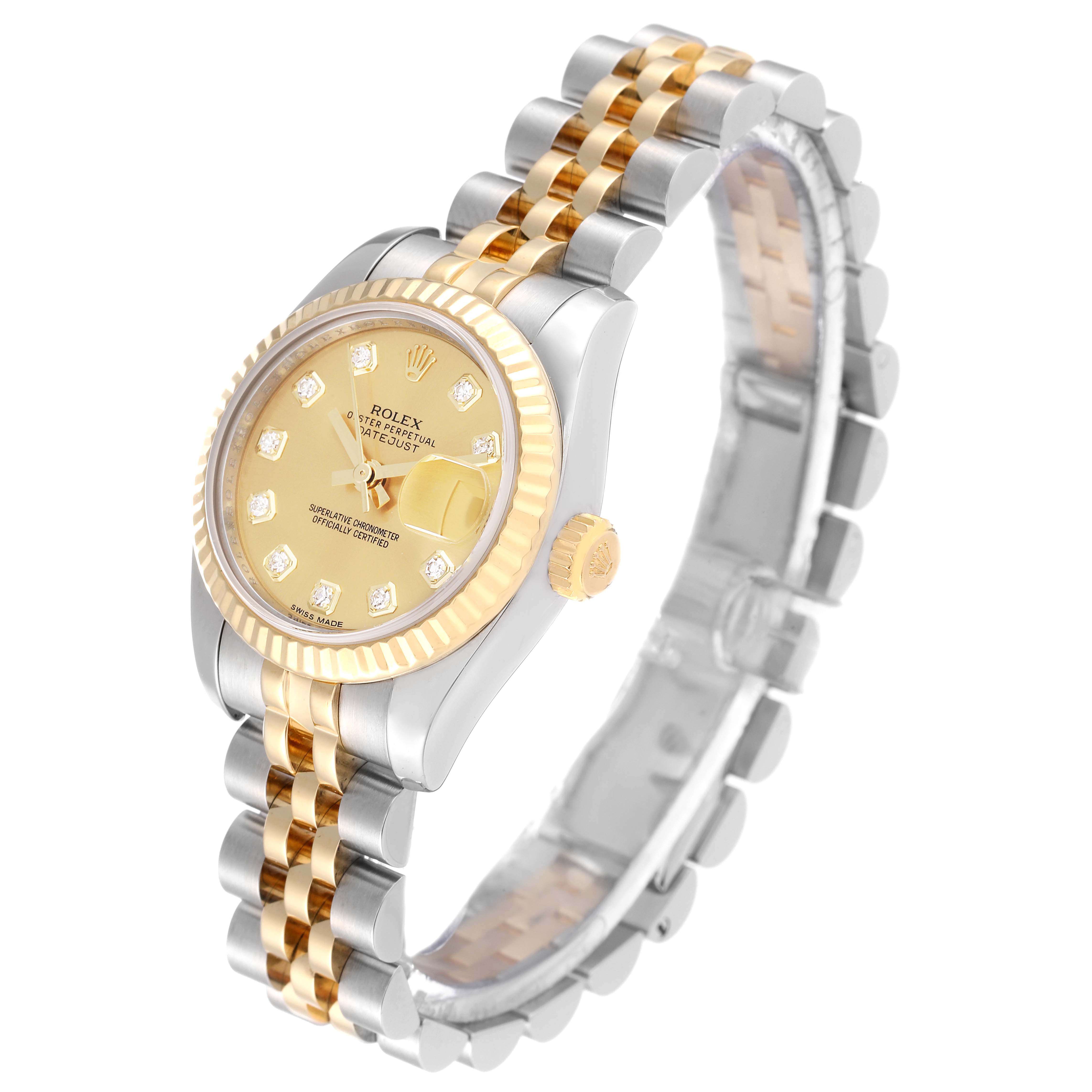 The image shows a Rolex Datejust 179173 Women's Steel and Gold (two tone) Champagne Dial 179173 Women's Steel and Gold (two tone) Champagne Dial watch at a slight angle, highlighting the bezel, dial, case, and part of the bracelet.