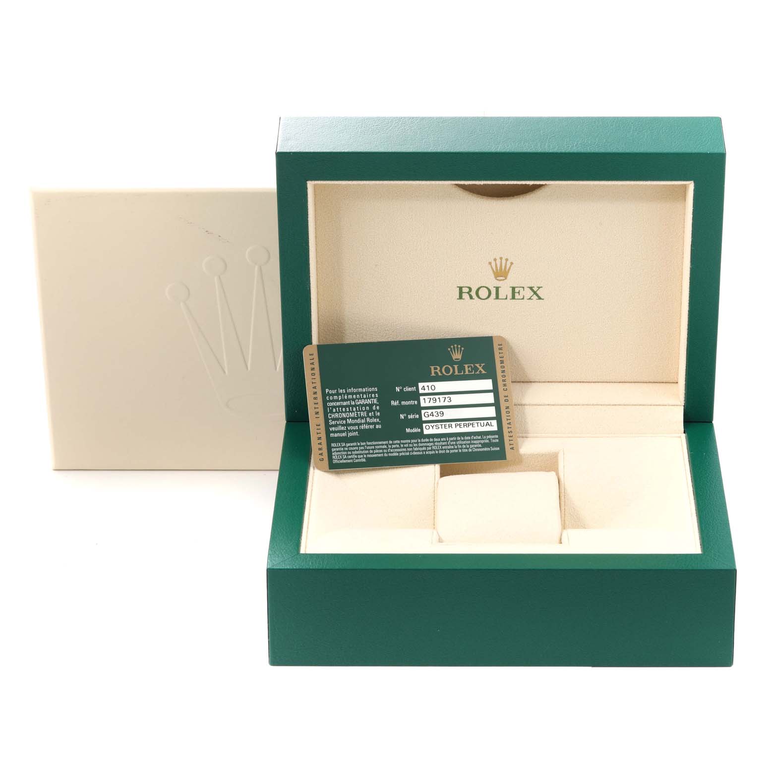 The image displays the open box and a warranty card for the Rolex Datejust 179173 Women's Steel and Gold (two tone) Champagne Dial 179173 Women's Steel and Gold (two tone) Champagne Dial model.