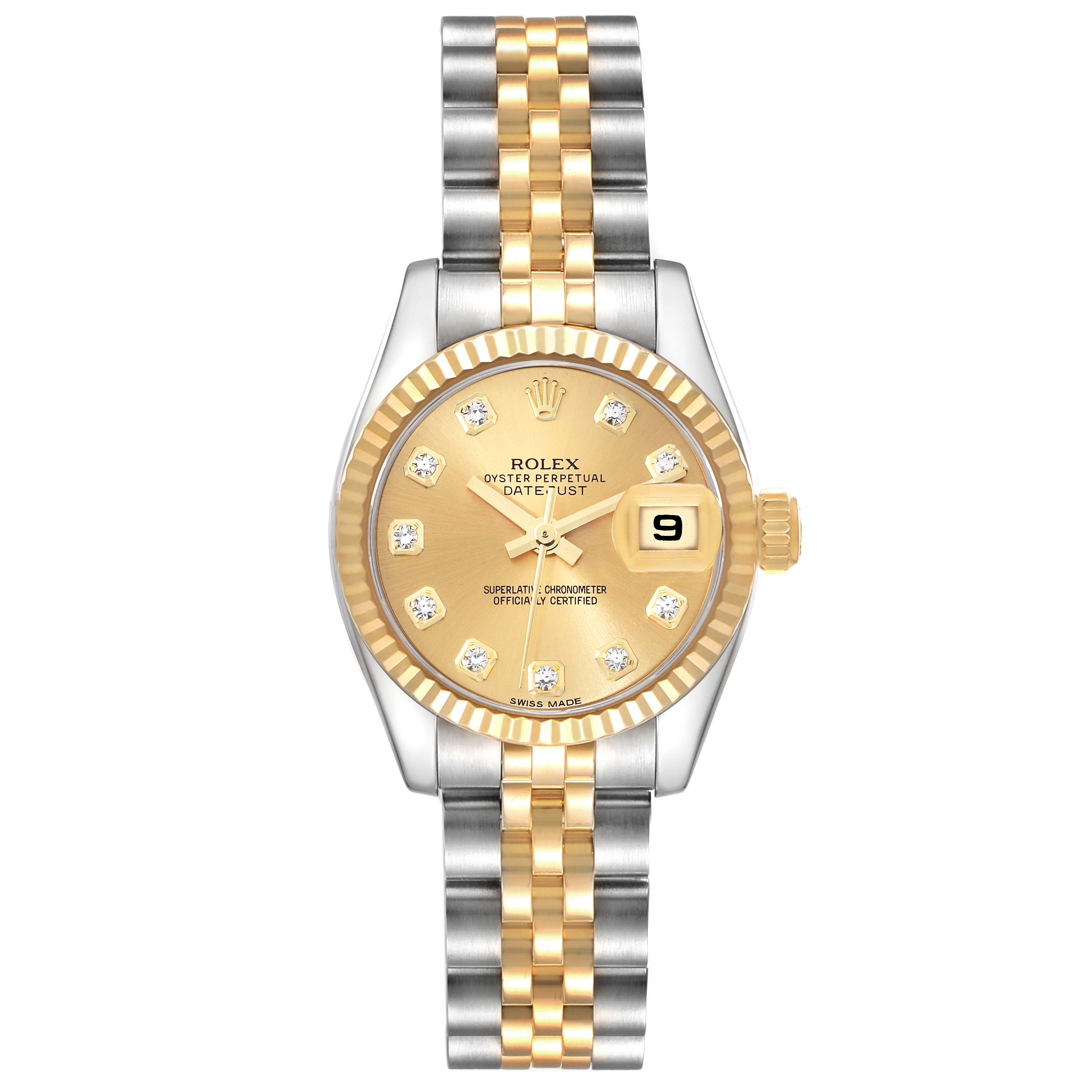 This image shows a front view of a Rolex Datejust 179173 Women's Steel and Gold (two tone) Champagne Dial 179173 Women's Steel and Gold (two tone) Champagne Dial watch, highlighting its champagne dial, diamond hour markers, and two-tone bracelet.