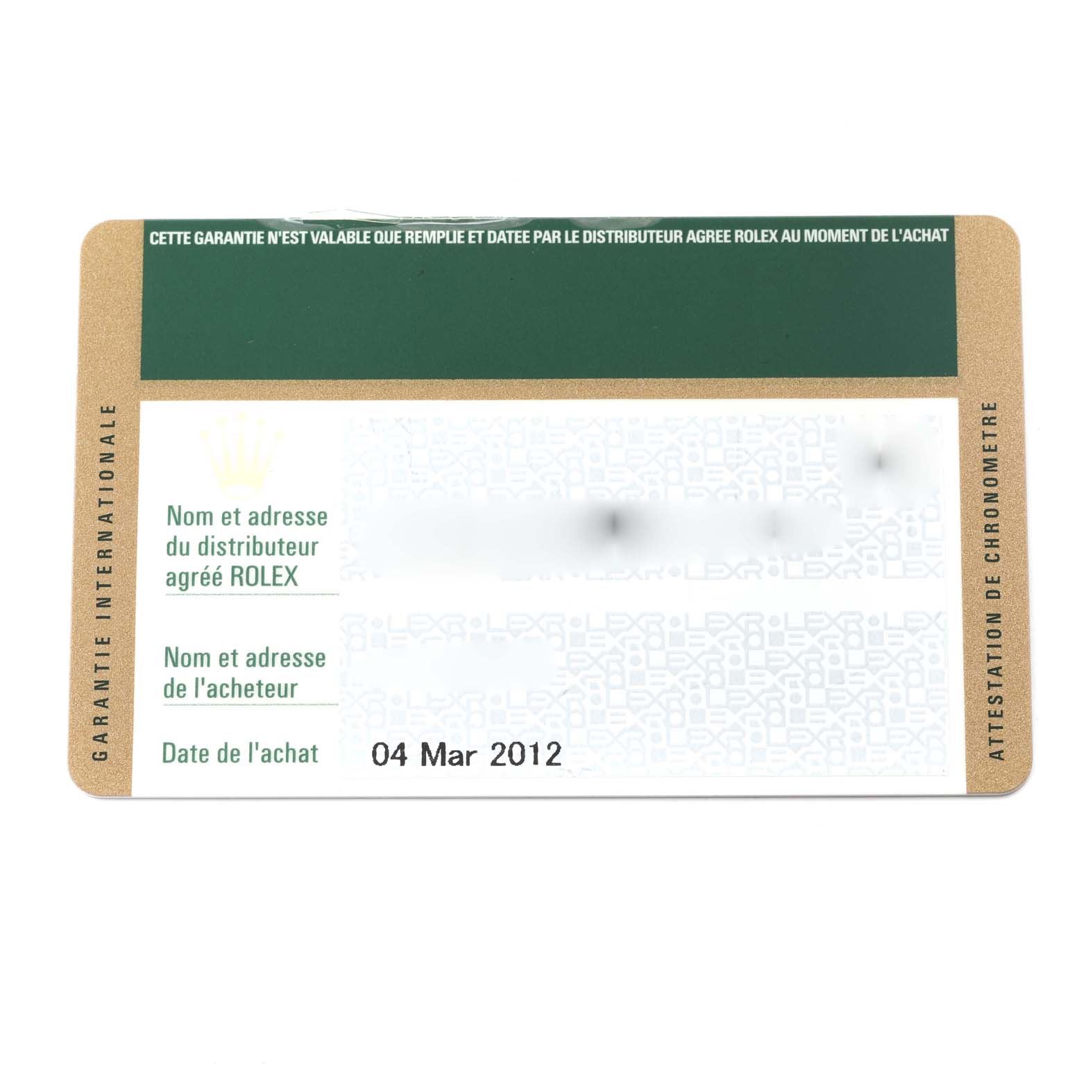 The image shows a warranty card for a Rolex Datejust 179173 Women's Steel and Gold (two tone) Champagne Dial 179173 Women's Steel and Gold (two tone) Champagne Dial watch.