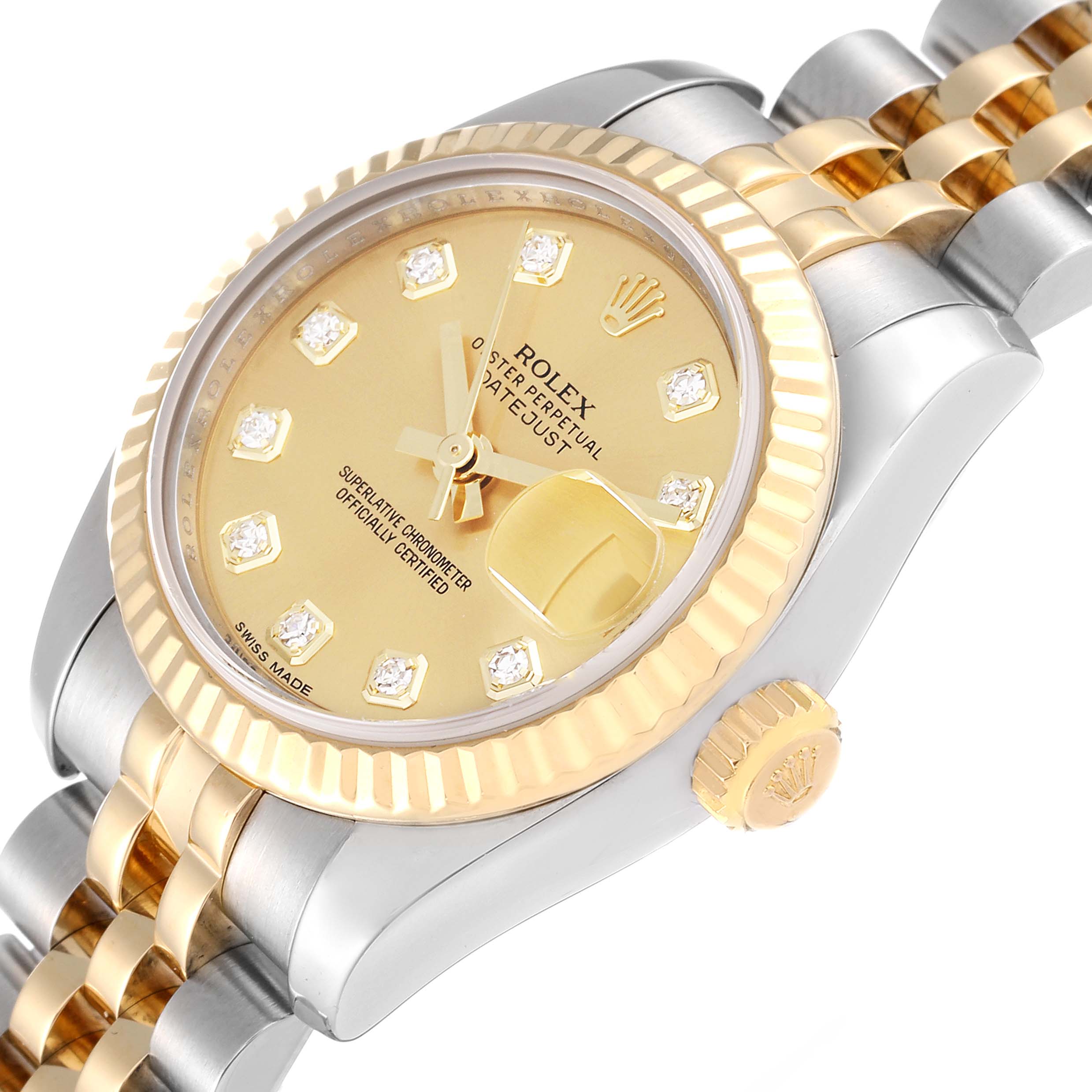 The Rolex Datejust 179173 Women's Steel and Gold (two tone) Champagne Dial 179173 Women's Steel and Gold (two tone) Champagne Dial watch is shown at a three-quarter angle, highlighting its gold dial, fluted bezel, and two-tone Jubilee bracelet.