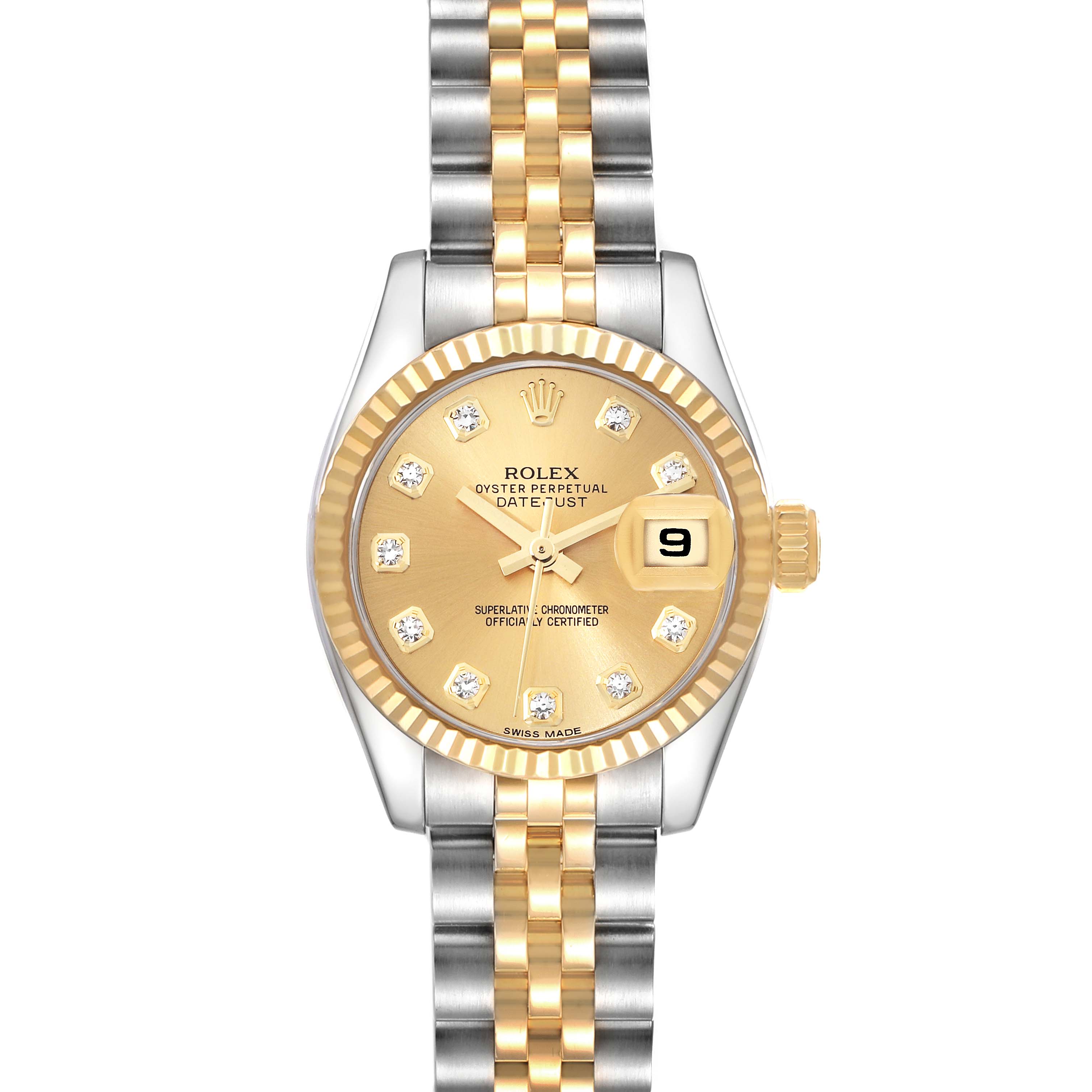 The Rolex Datejust 179173 Women's Steel and Gold (two tone) Champagne Dial 179173 Women's Steel and Gold (two tone) Champagne Dial watch is shown from a front angle, highlighting its gold dial, diamond hour markers, and two-tone bracelet.