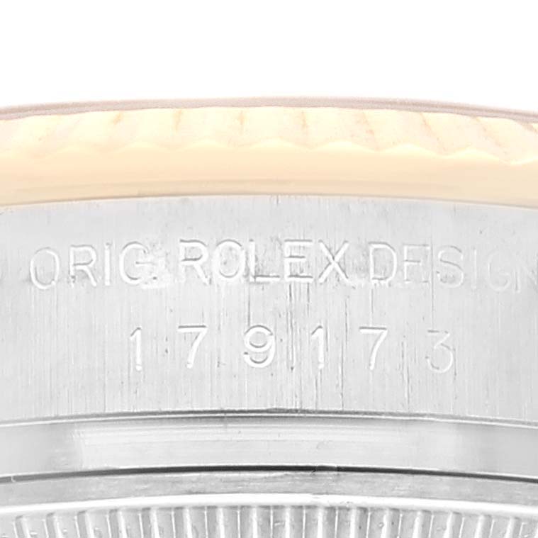 The image shows an engraved side view of the case of a Rolex Datejust 179173 Women's Steel and Gold (two tone) Champagne Dial 179173 Women's Steel and Gold (two tone) Champagne Dial watch.