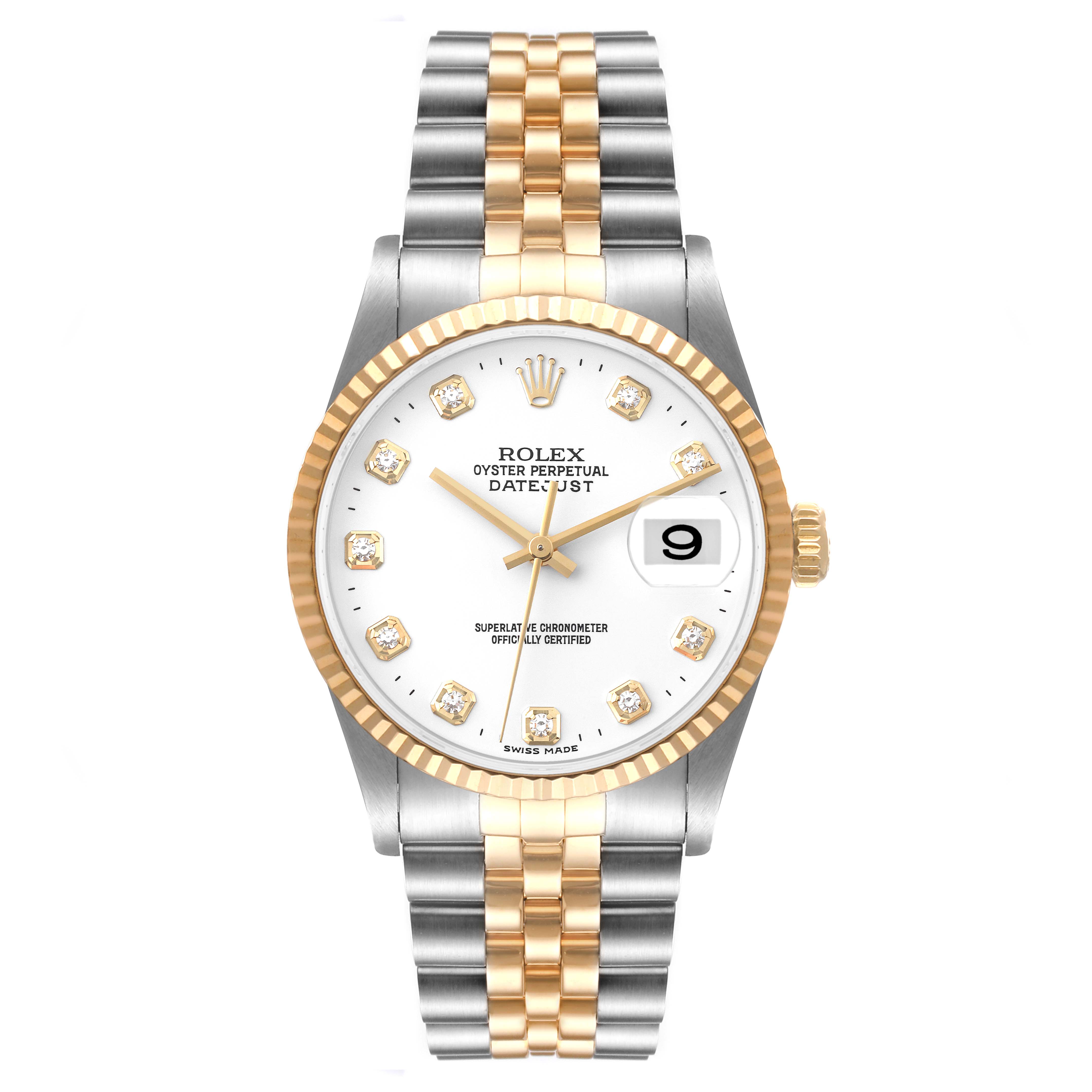 This image shows a Rolex Datejust 16233 Men's Steel and Gold (two tone) White Dial 16233 Men's Steel and Gold (two tone) White Dial watch, taken from a front angle, highlighting the dial, bezel, and two-tone bracelet.