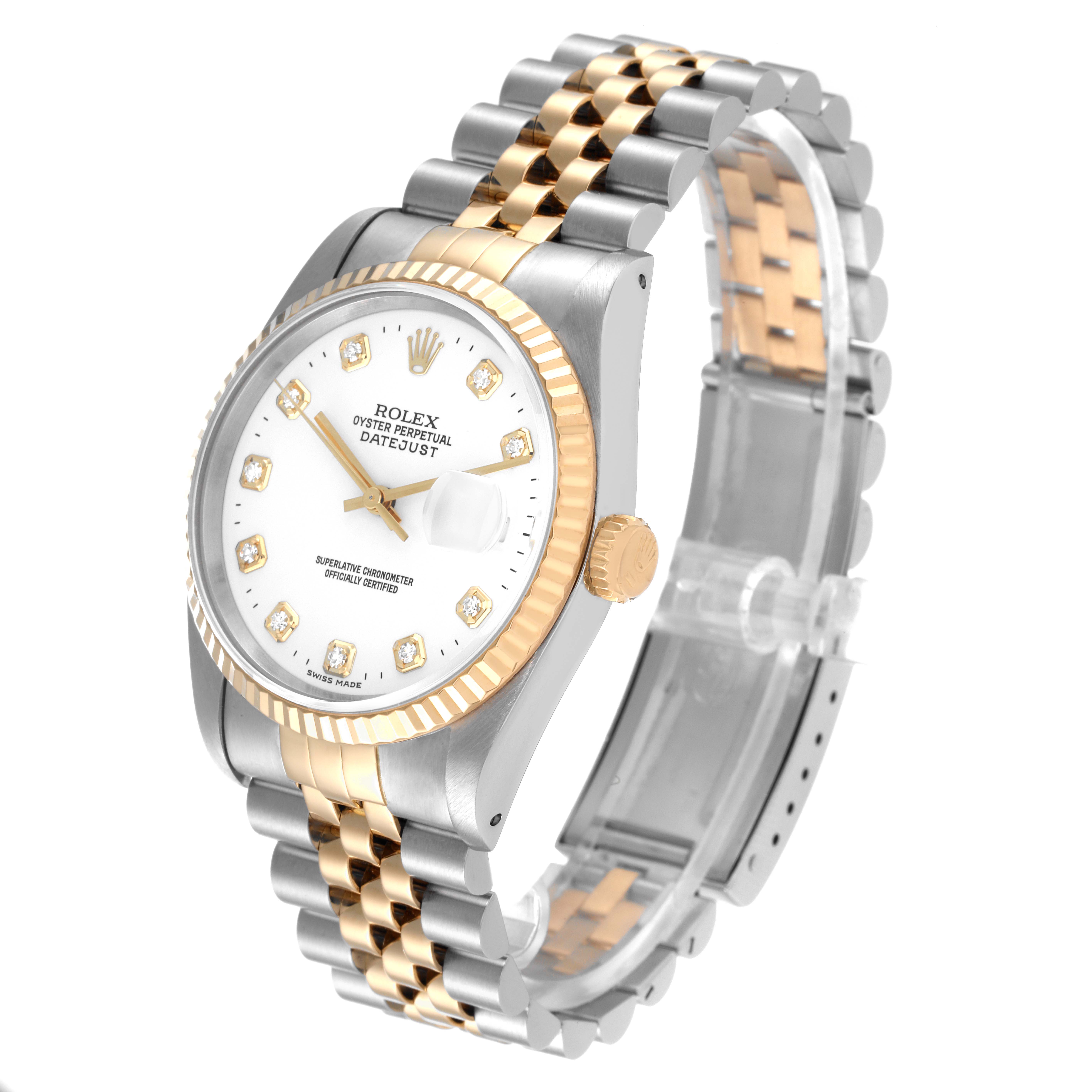 The image shows a Rolex Datejust 16233 Men's Steel and Gold (two tone) White Dial 16233 Men's Steel and Gold (two tone) White Dial watch at a three-quarter angle, highlighting its dial, bezel, and two-tone bracelet.