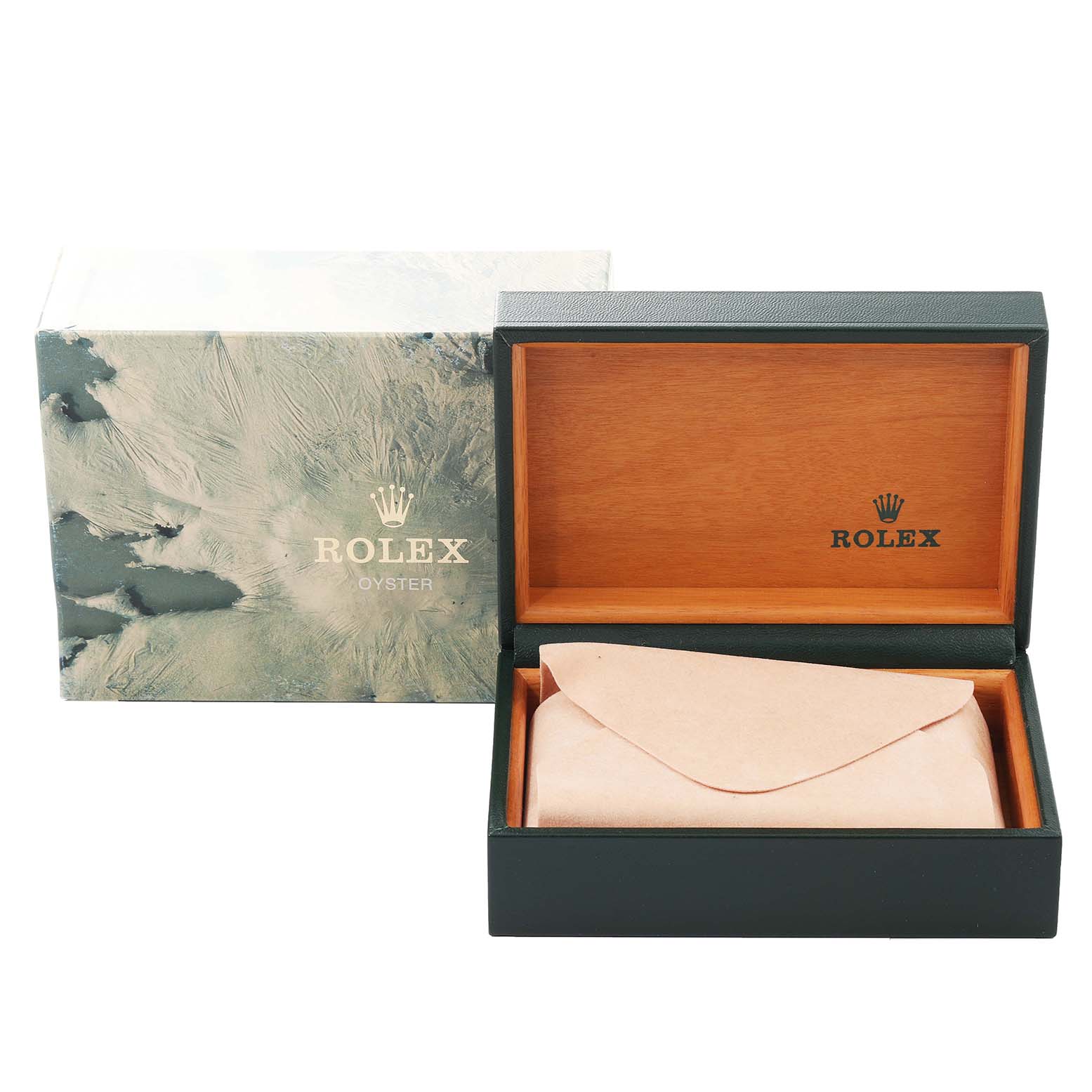 The image shows the green and wooden box for the Rolex Datejust 16233 Men's Steel and Gold (two tone) White Dial 16233 Men's Steel and Gold (two tone) White Dial along with its outer camouflage-patterned box.