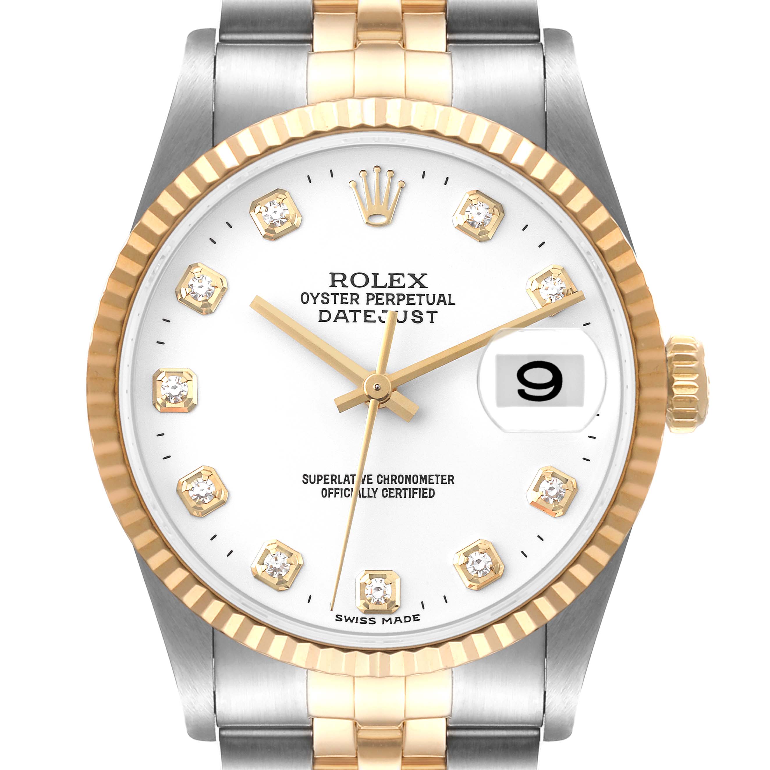 This image shows a front view of a Rolex Datejust 16233 Men's Steel and Gold (two tone) White Dial 16233 Men's Steel and Gold (two tone) White Dial watch, featuring a two-tone bracelet, white dial with diamond hour markers, and a gold fluted bezel.
