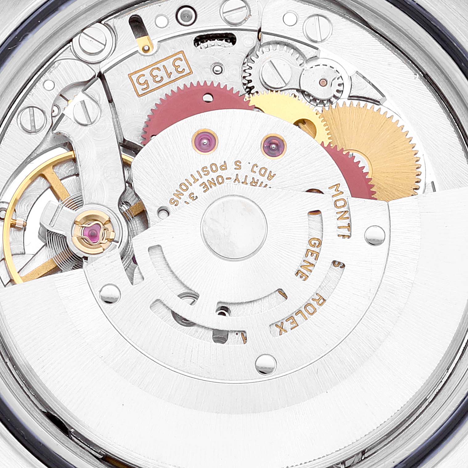 This image shows a close-up view of the internal mechanism of a Rolex Datejust 16233 Men's Steel and Gold (two tone) White Dial 16233 Men's Steel and Gold (two tone) White Dial watch, highlighting its intricate gears and components.