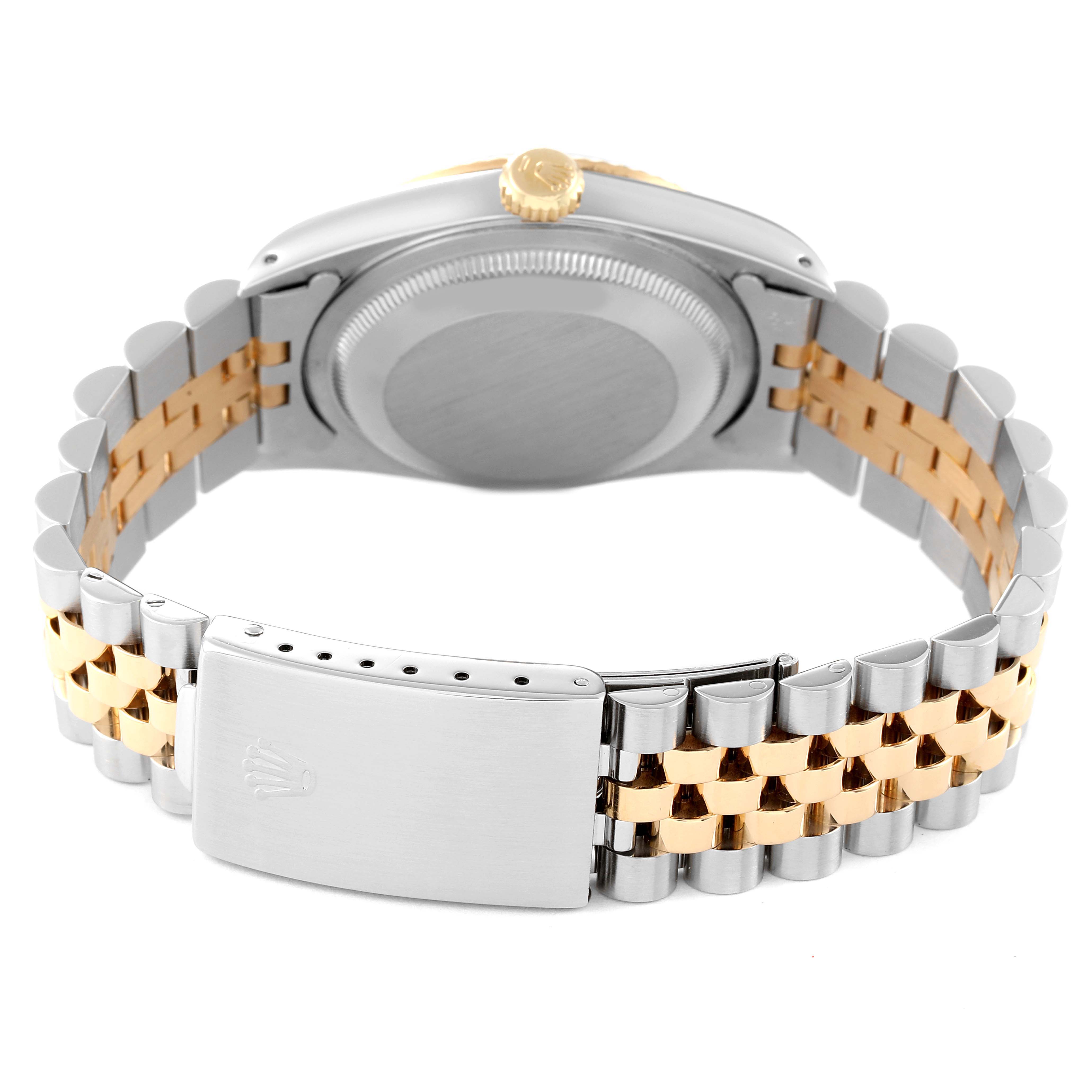 This image shows a Rolex Datejust 16233 Men's Steel and Gold (two tone) White Dial 16233 Men's Steel and Gold (two tone) White Dial watch from the back, highlighting its two-tone jubilee bracelet and the closed clasp.