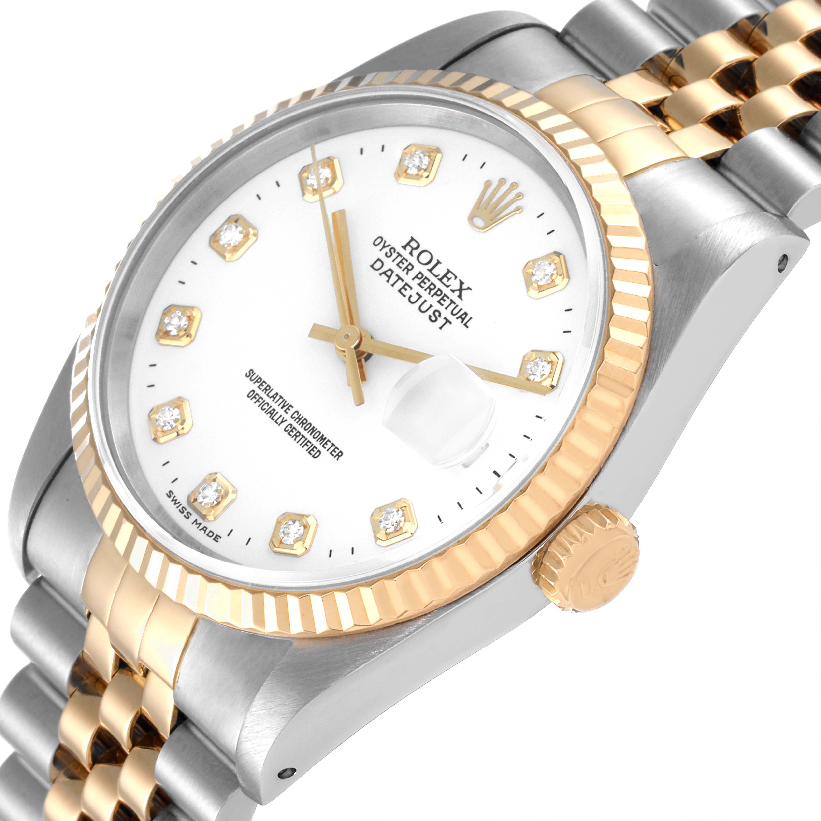 The image shows a close-up angle of a Rolex Datejust 16233 Men's Steel and Gold (two tone) White Dial 16233 Men's Steel and Gold (two tone) White Dial watch, highlighting the dial, bezel, crown, and bracelet.