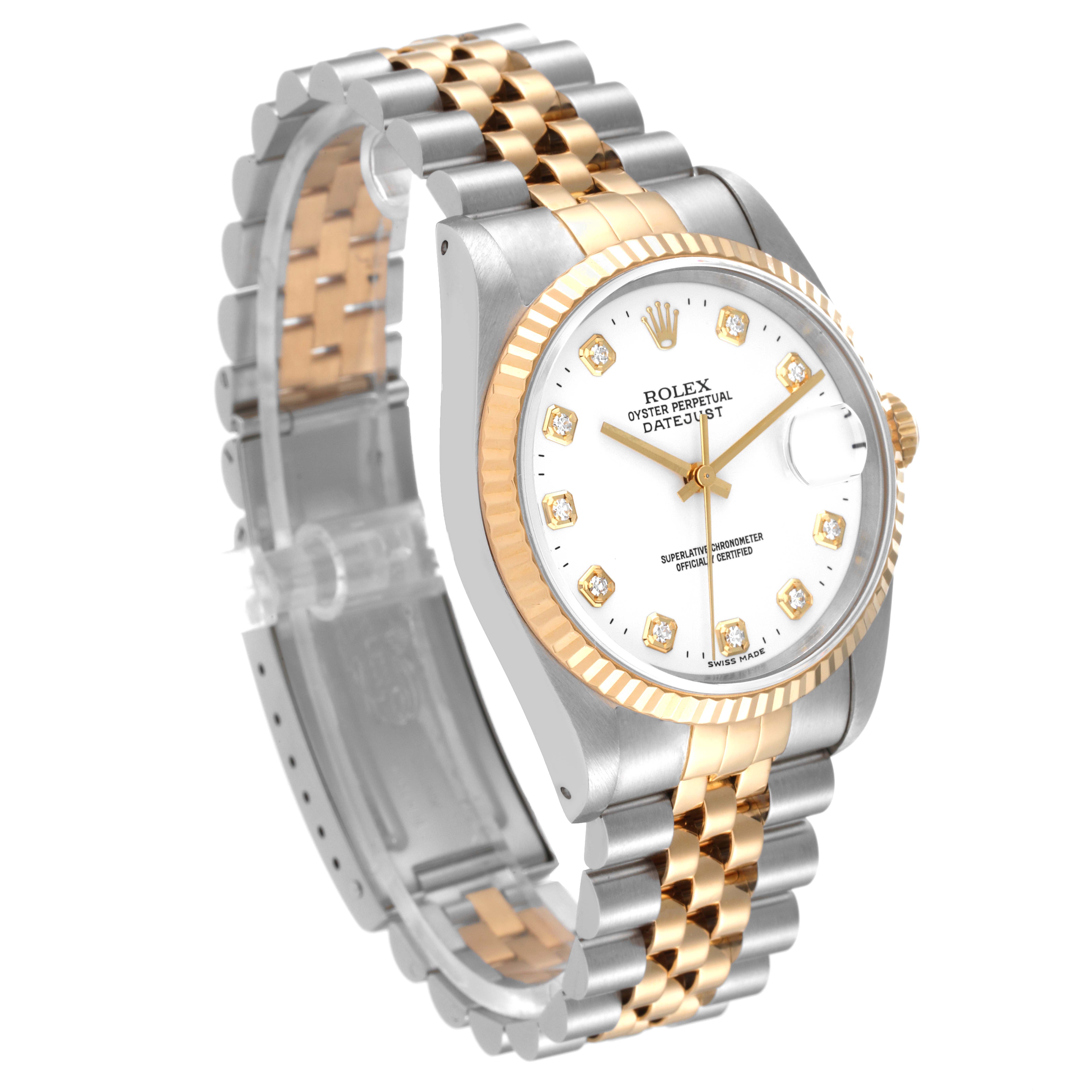 This Rolex Datejust 16233 Men's Steel and Gold (two tone) White Dial 16233 Men's Steel and Gold (two tone) White Dial watch is shown at an oblique angle, highlighting its jubilee bracelet, fluted bezel, and diamond hour markers.