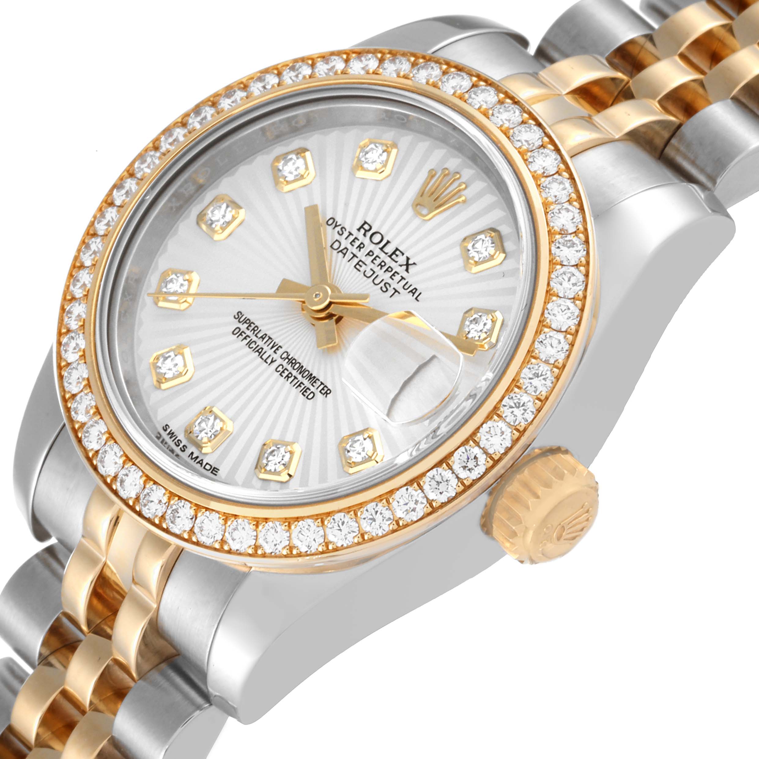 The image shows a Rolex Datejust 179383 Women's Steel and Gold (two tone) Silver Dial 179383 Women's Steel and Gold (two tone) Silver Dial watch from a slightly tilted angle, highlighting the face, bezel, crown, and bracelet.