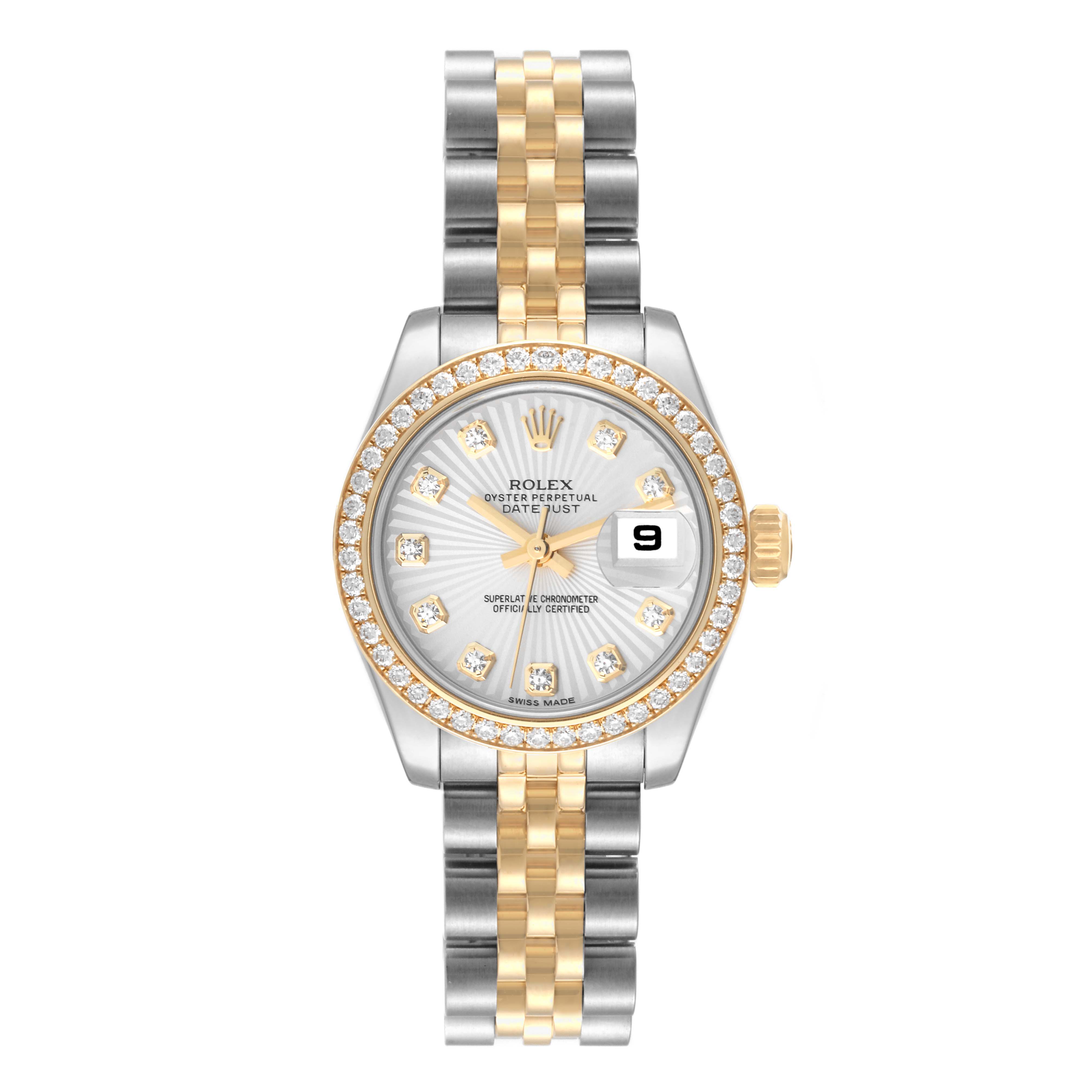 The image shows a frontal view of a Rolex Datejust 179383 Women's Steel and Gold (two tone) Silver Dial 179383 Women's Steel and Gold (two tone) Silver Dial watch with a diamond bezel and two-tone bracelet.