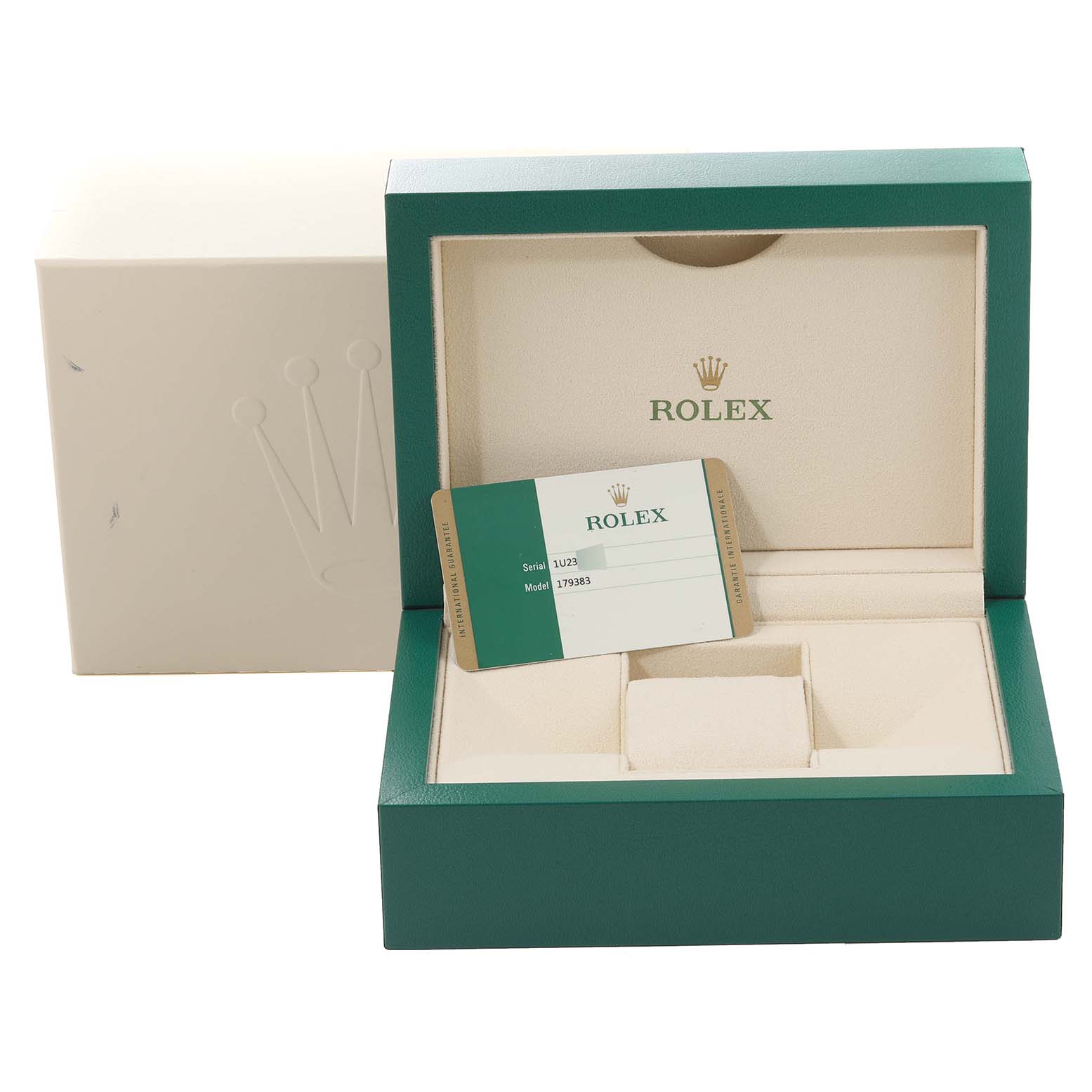 The image shows the open box and warranty card for a Rolex Datejust 179383 Women's Steel and Gold (two tone) Silver Dial 179383 Women's Steel and Gold (two tone) Silver Dial watch with model number 179383.