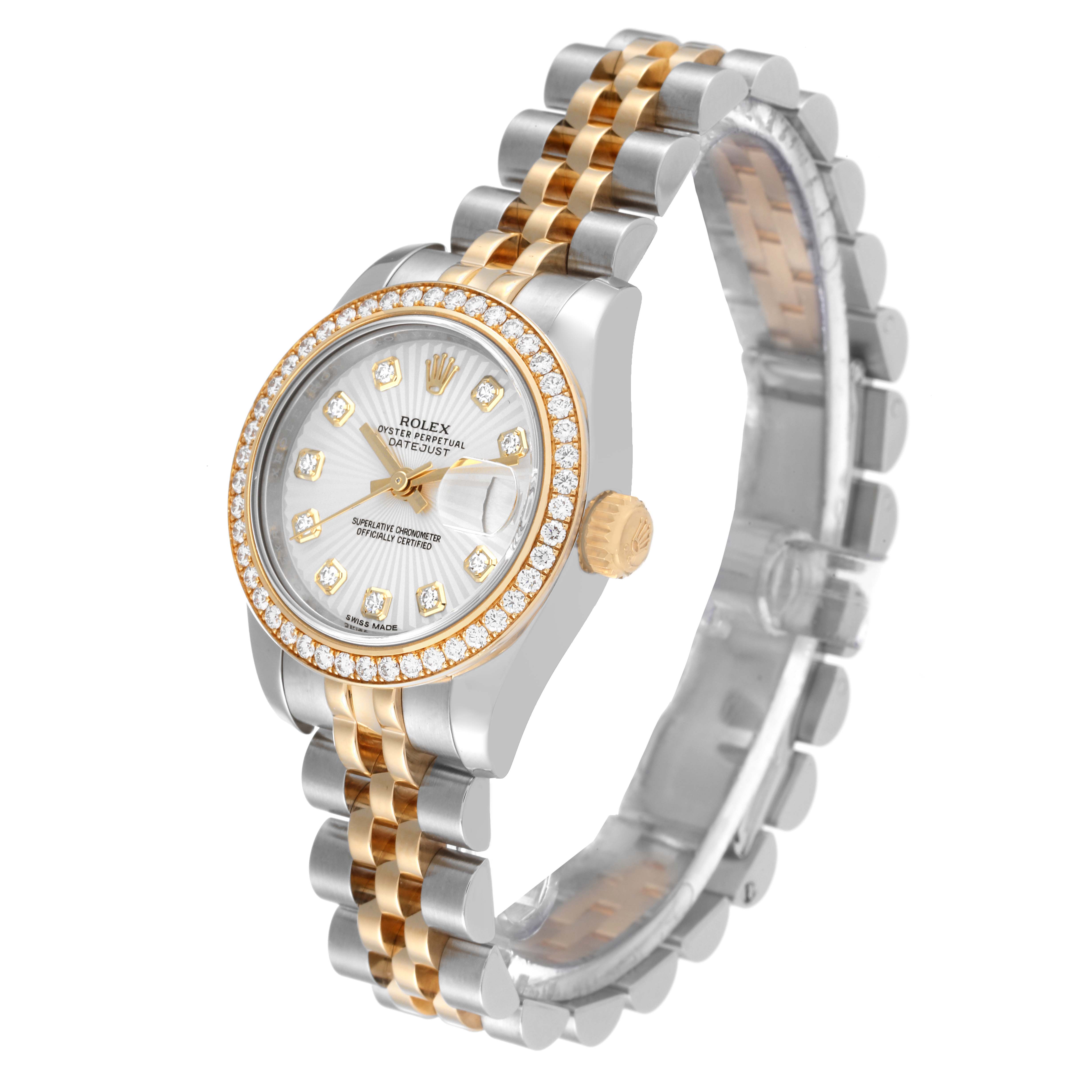 This image showcases a Rolex Datejust 179383 Women's Steel and Gold (two tone) Silver Dial 179383 Women's Steel and Gold (two tone) Silver Dial watch at a three-quarter angle, highlighting its face, bezel, and two-tone bracelet.