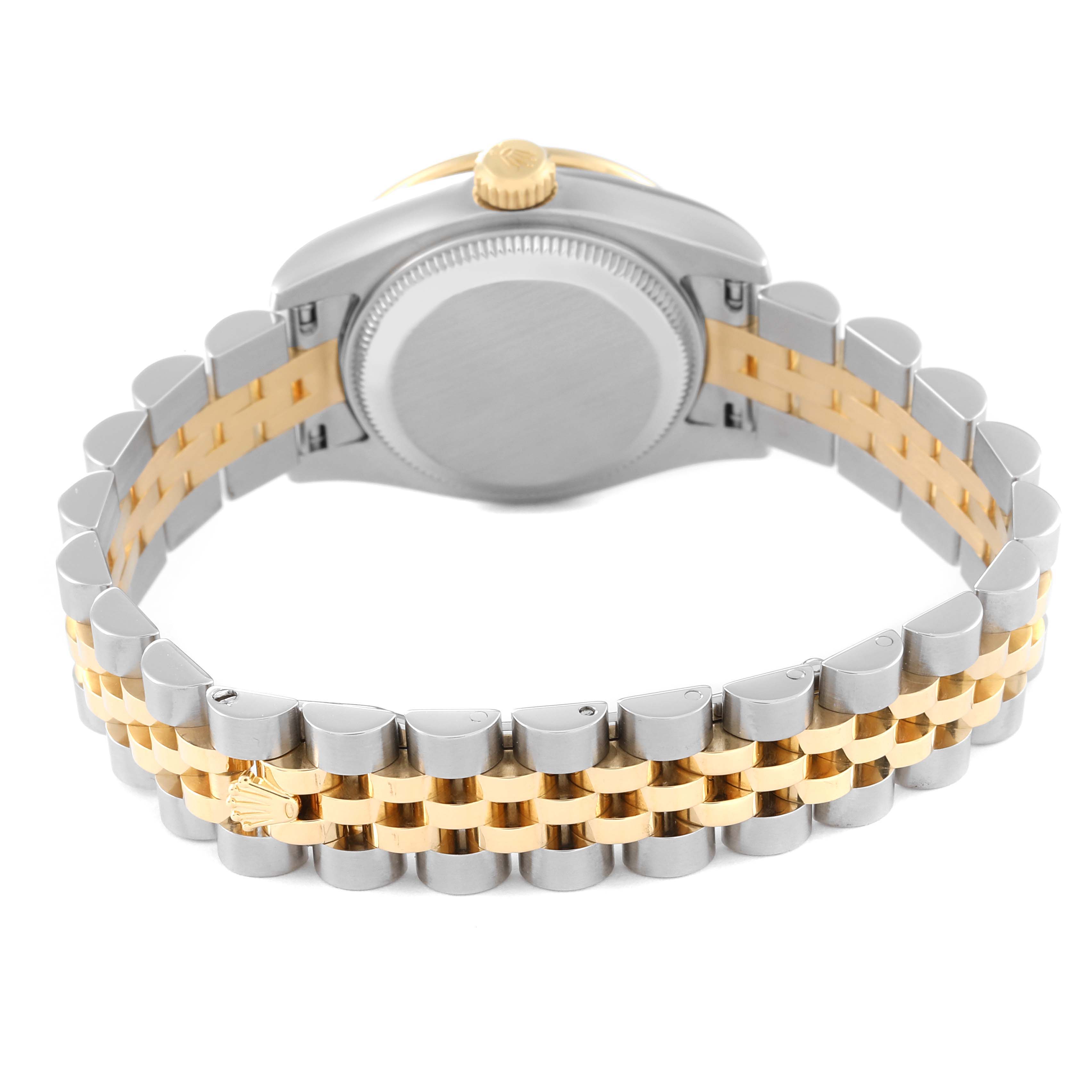 This is a rear view of a Rolex Datejust 179383 Women's Steel and Gold (two tone) Silver Dial 179383 Women's Steel and Gold (two tone) Silver Dial watch showing its two-tone bracelet and case back.