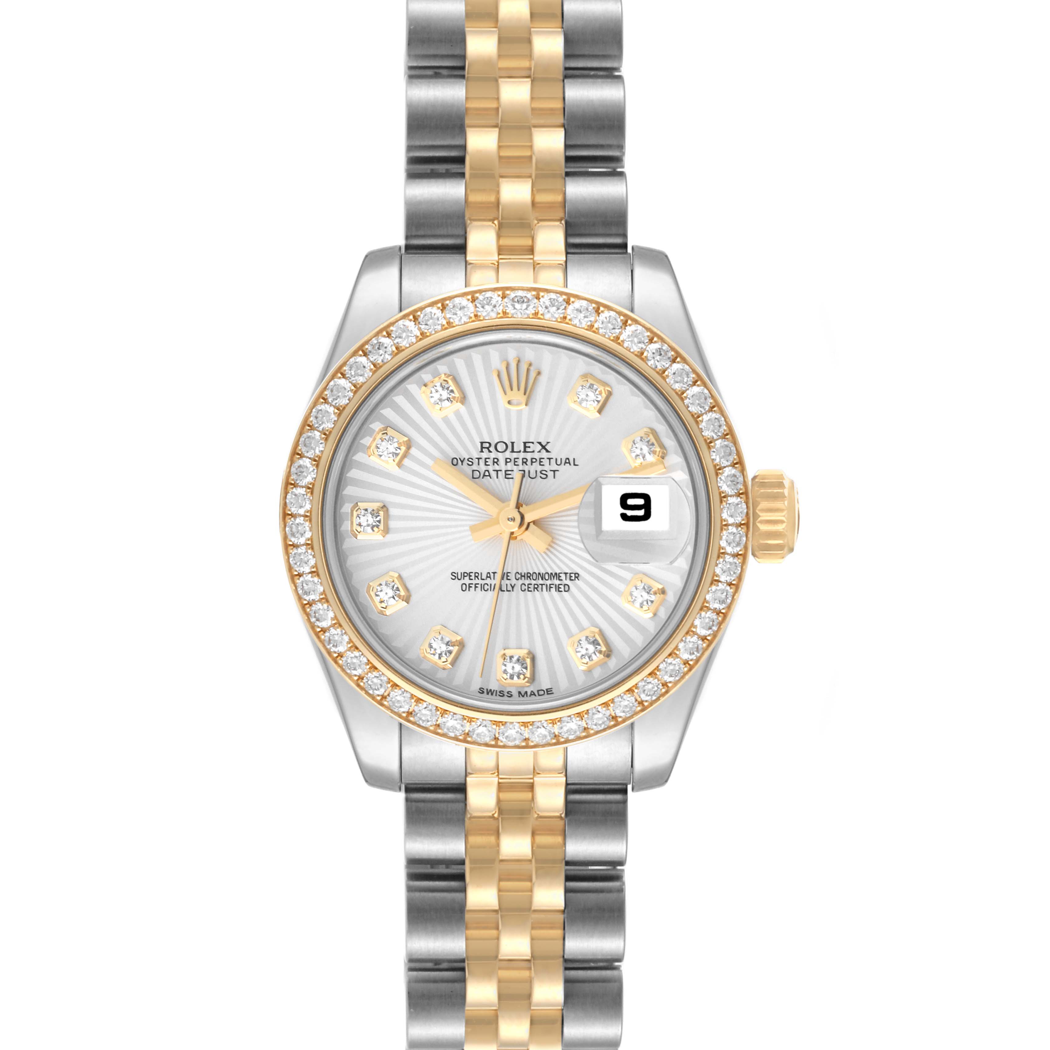 The image shows a Rolex Datejust 179383 Women's Steel and Gold (two tone) Silver Dial 179383 Women's Steel and Gold (two tone) Silver Dial watch from a front angle, displaying its face, bezel, and bracelet.