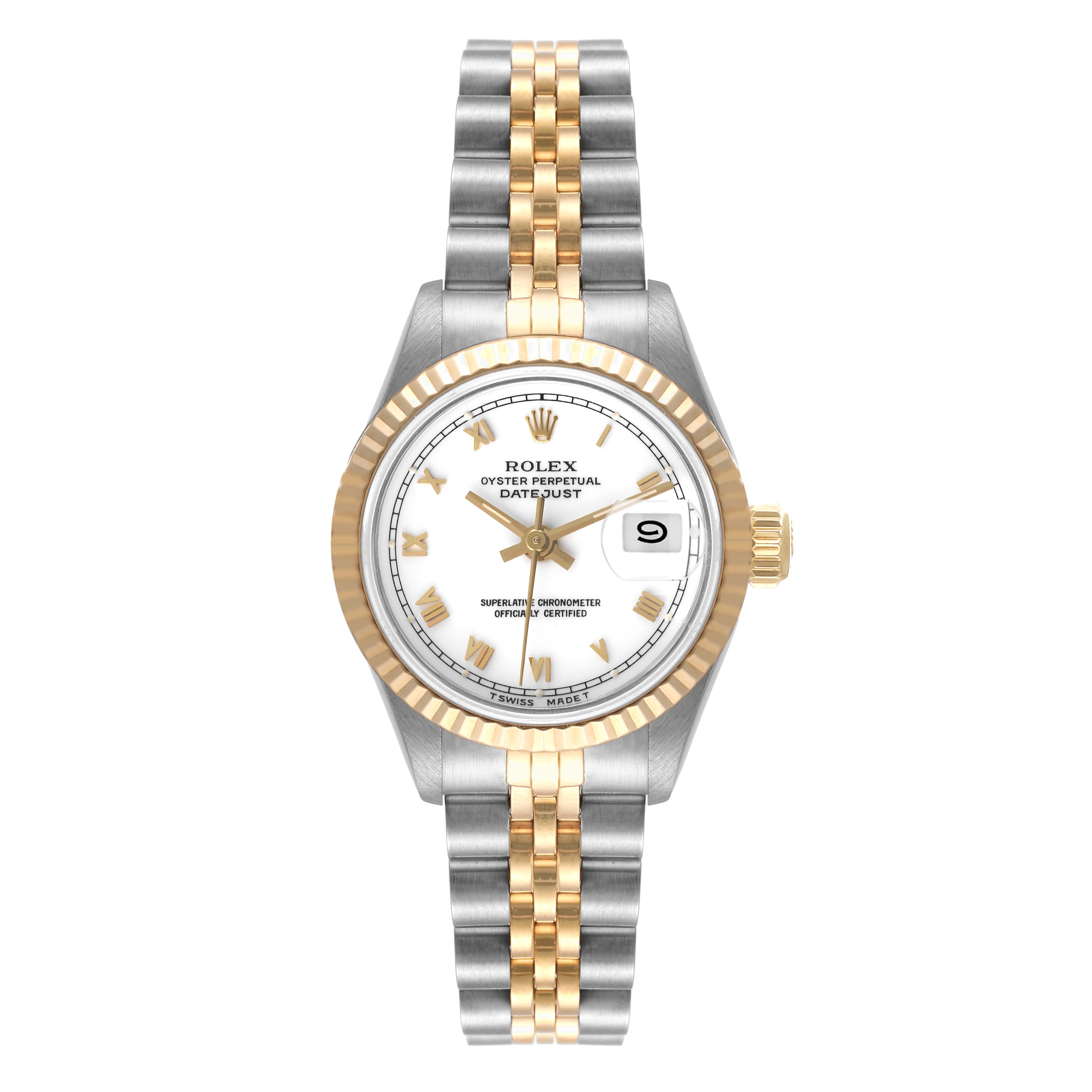 This is a front view of the Rolex Datejust 69173 Women's Steel and Gold (two tone) White Dial 69173 Women's Steel and Gold (two tone) White Dial watch showing its dial, bezel, hands, date, and two-tone bracelet.