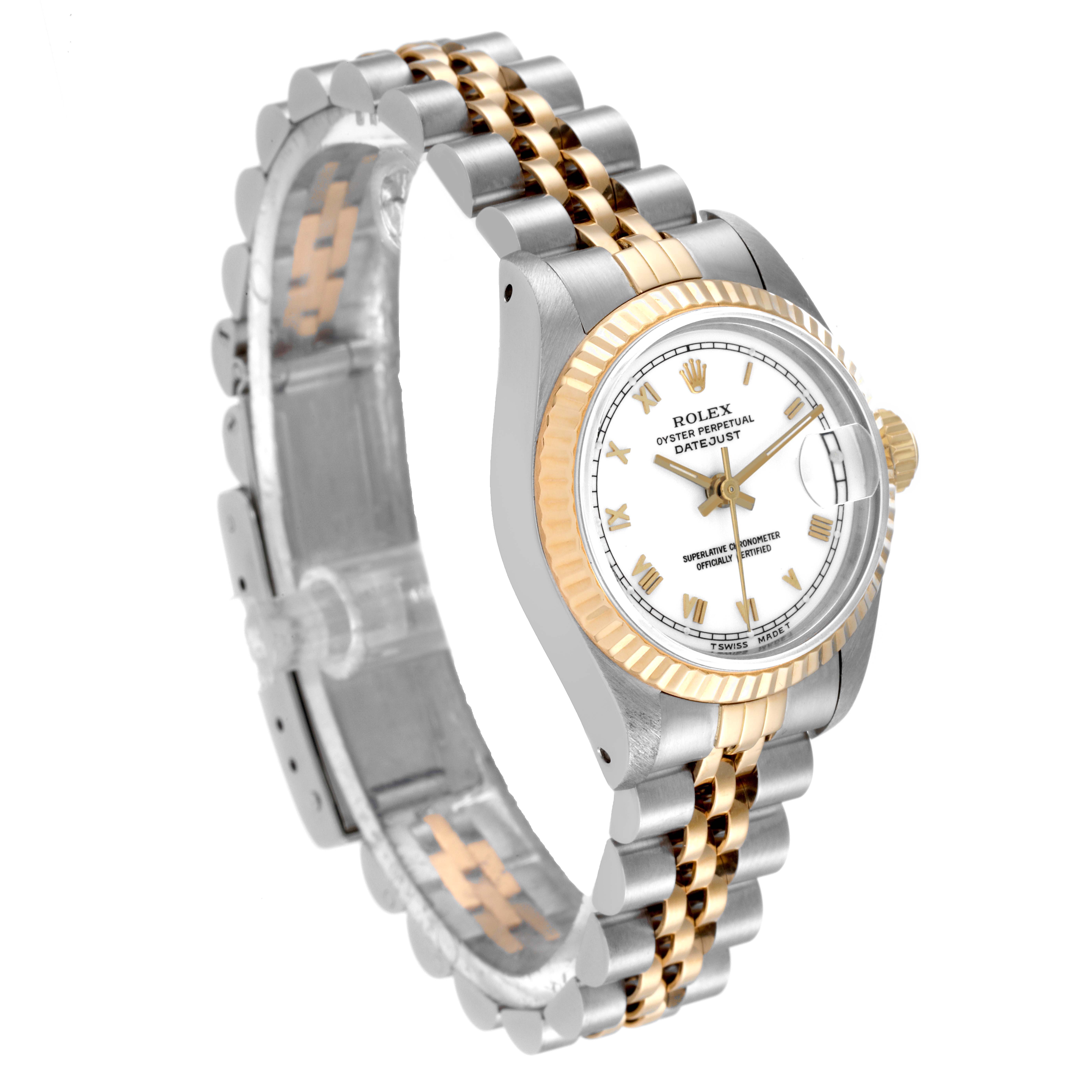This image shows a Rolex Datejust 69173 Women's Steel and Gold (two tone) White Dial 69173 Women's Steel and Gold (two tone) White Dial watch at a three-quarter angle, highlighting the dial, bezel, and bracelet.