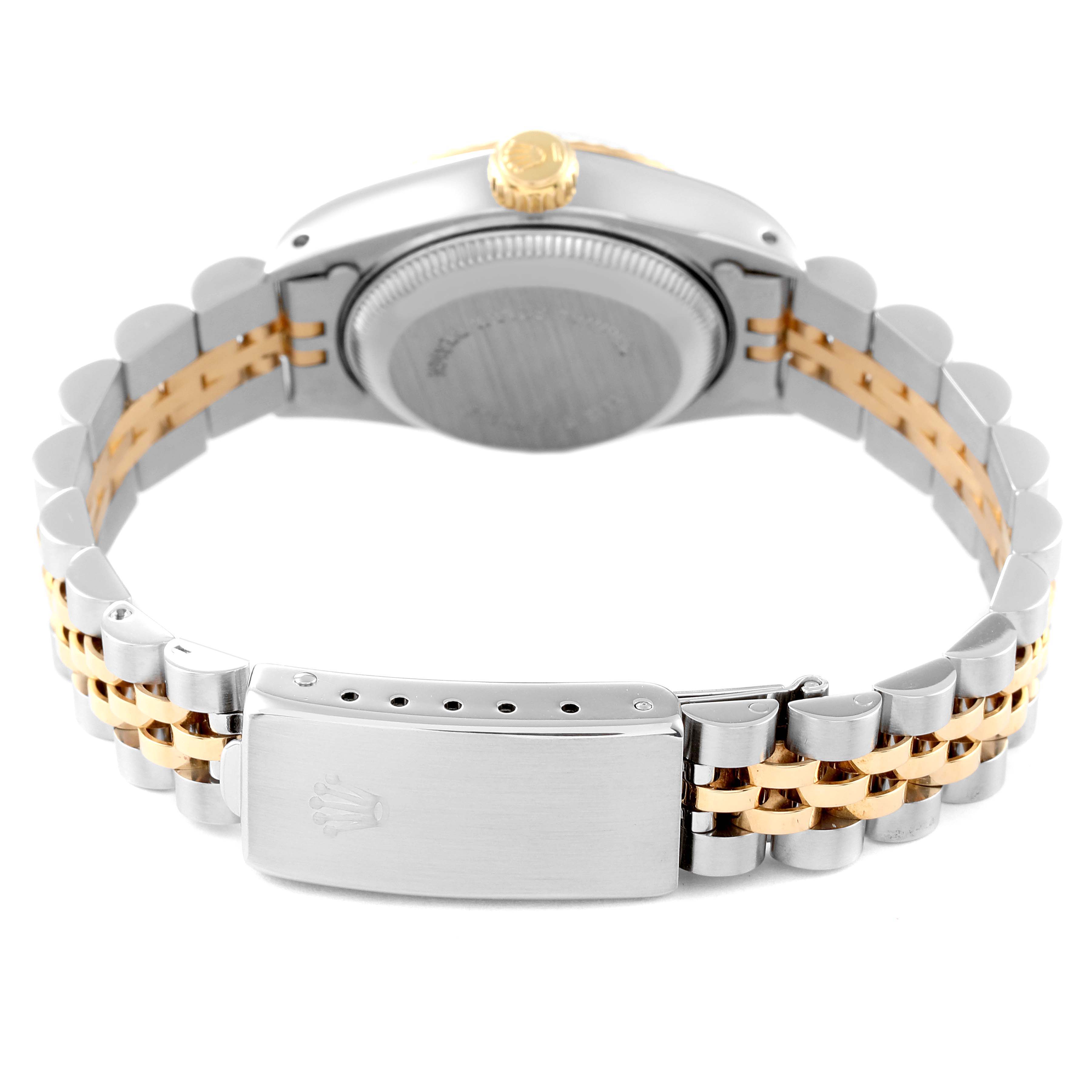 This image of the Rolex Datejust 69173 Women's Steel and Gold (two tone) White Dial 69173 Women's Steel and Gold (two tone) White Dial watch is shown from the back, highlighting its clasp, bracelet, and case back.
