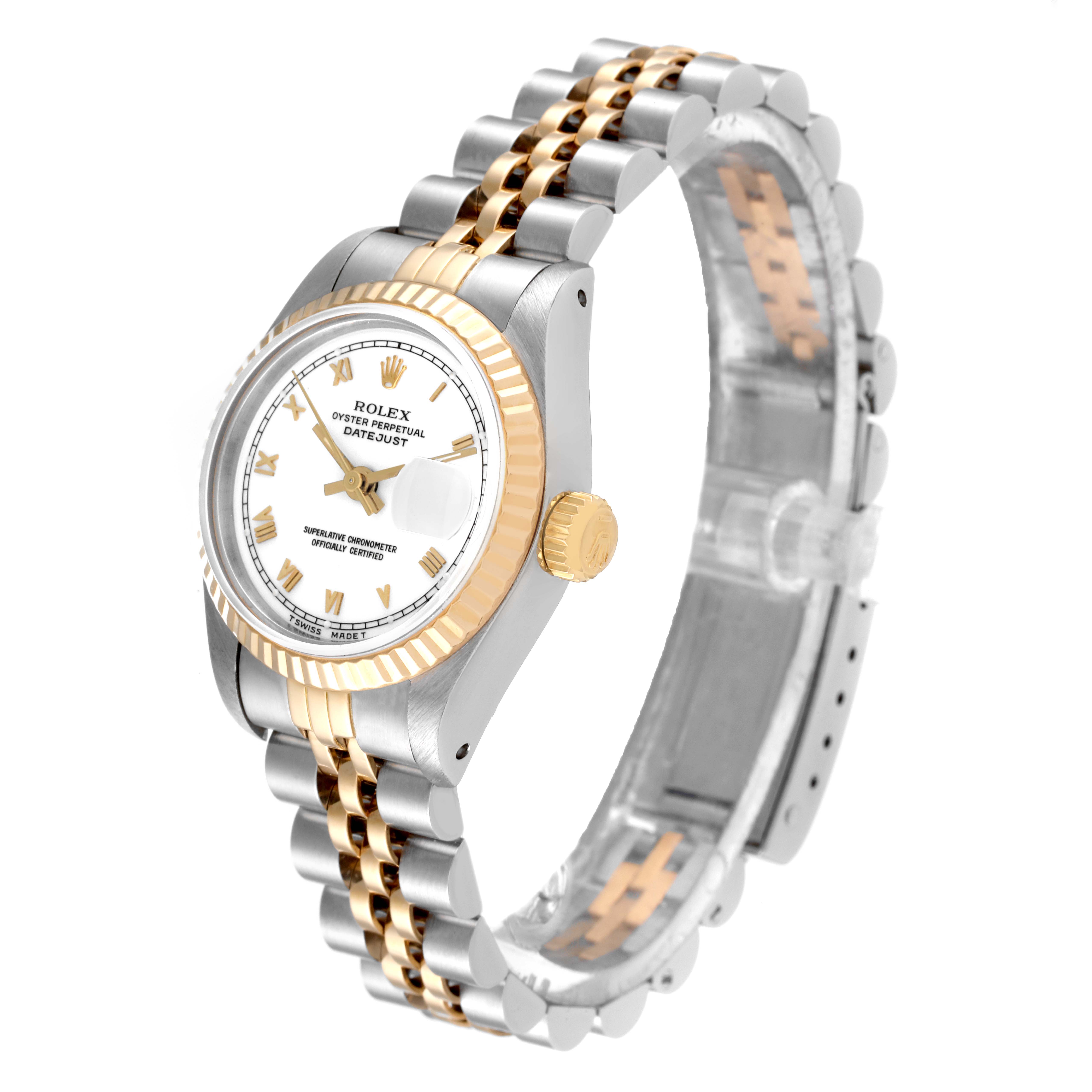 This image shows an angled view of a Rolex Datejust 69173 Women's Steel and Gold (two tone) White Dial 69173 Women's Steel and Gold (two tone) White Dial watch, highlighting the face, bezel, crown, and part of the Jubilee bracelet.