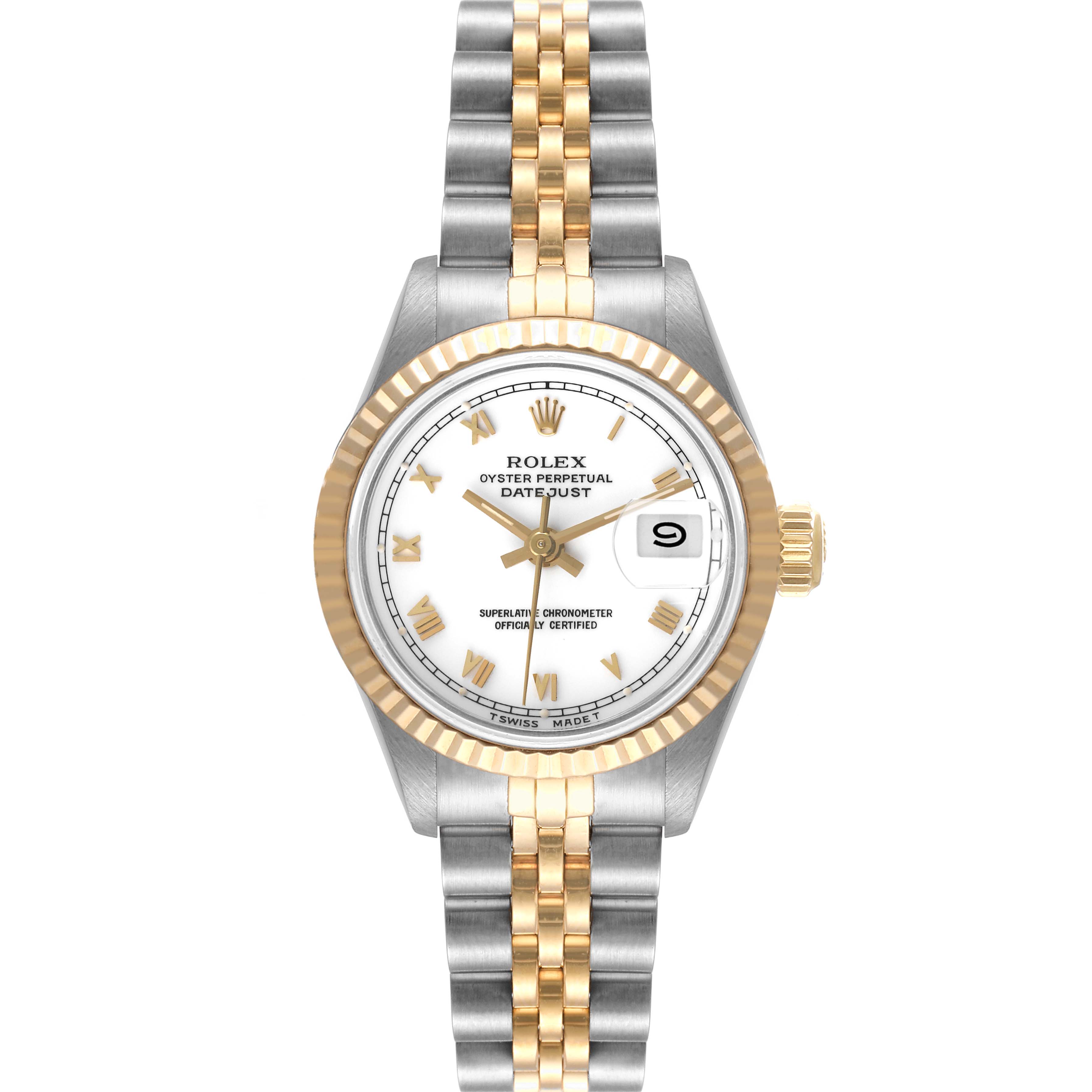 This image shows a front view of a Rolex Datejust 69173 Women's Steel and Gold (two tone) White Dial 69173 Women's Steel and Gold (two tone) White Dial watch, displaying the face, bezel, and part of the bracelet.