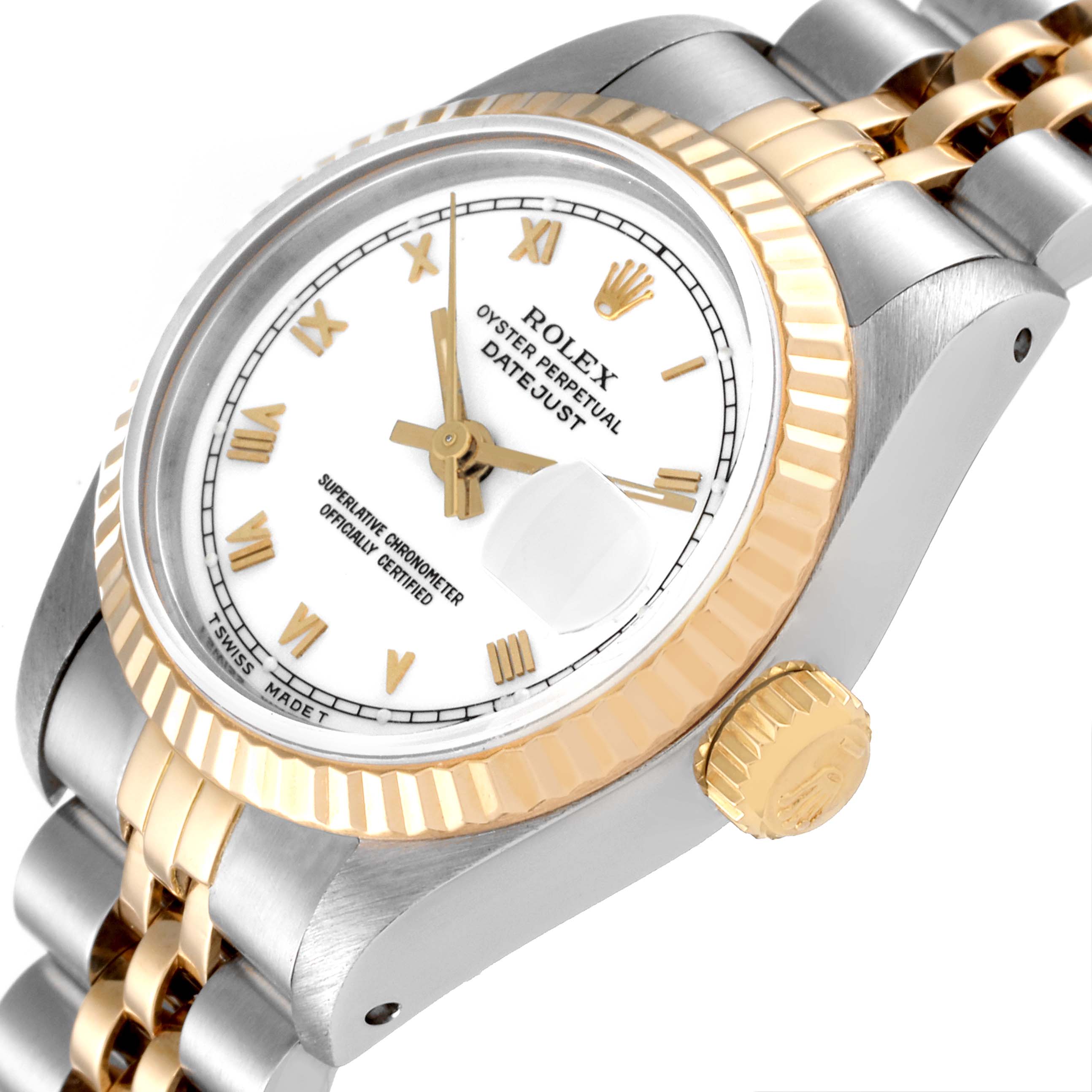 The image shows a Rolex Datejust 69173 Women's Steel and Gold (two tone) White Dial 69173 Women's Steel and Gold (two tone) White Dial watch at a slight diagonal angle, highlighting the face, bezel, crown, and part of the bracelet.