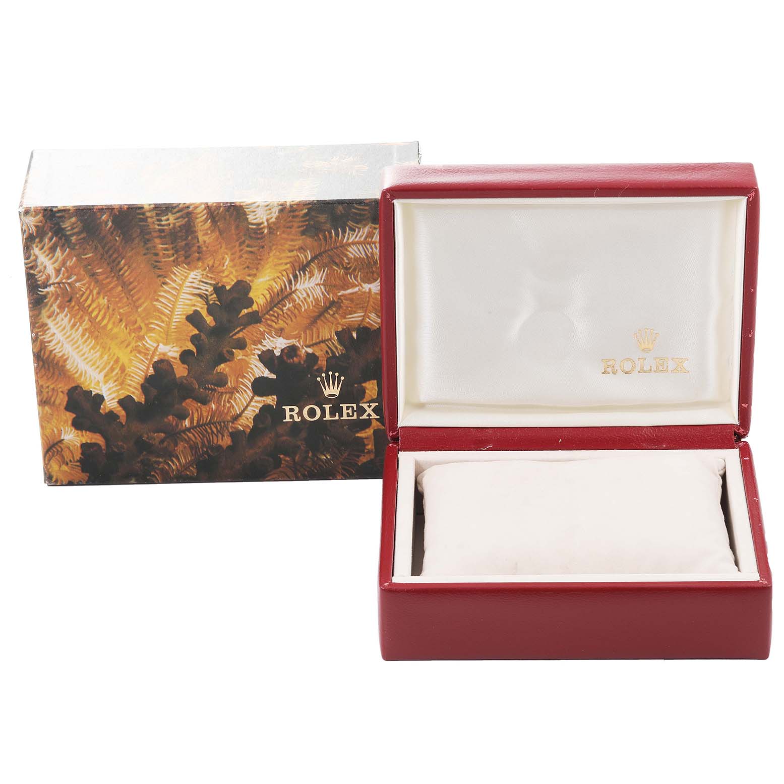 The image shows an empty Rolex Datejust 69173 Women's Steel and Gold (two tone) White Dial 69173 Women's Steel and Gold (two tone) White Dial watch box and its outer packaging from a frontal angle.