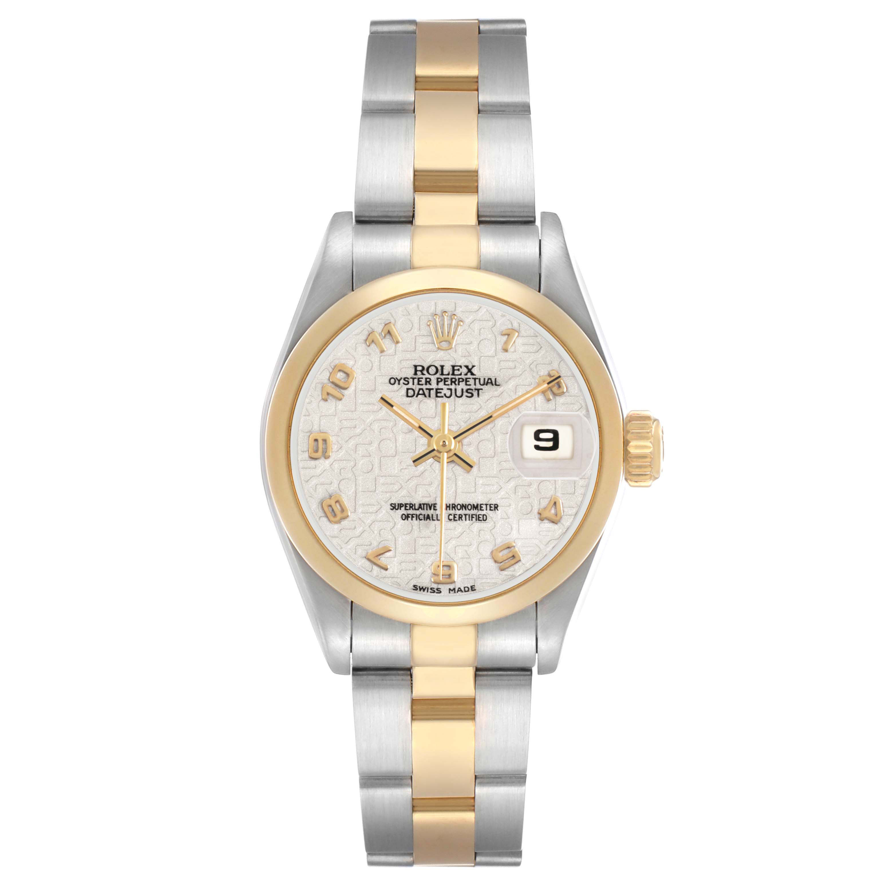 The Rolex Datejust 69163 Women's Steel and Gold (two tone) Beige Dial watch is shown from the front, featuring the face, case, and bracelet.