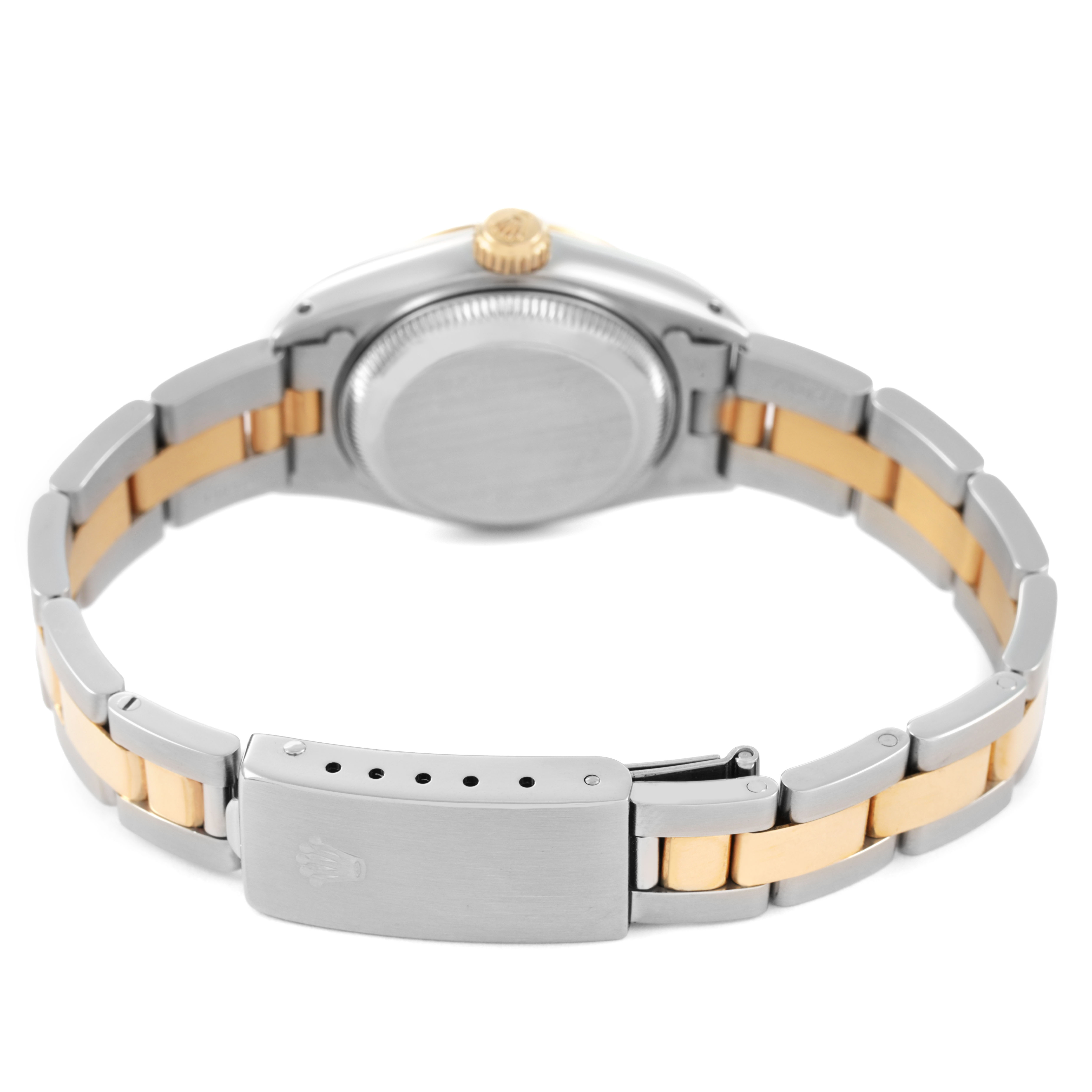 The image shows the back view of a Rolex Datejust 69163 Women's Steel and Gold (two tone) Beige Dial watch, featuring the clasp, case back, and part of the bracelet.
