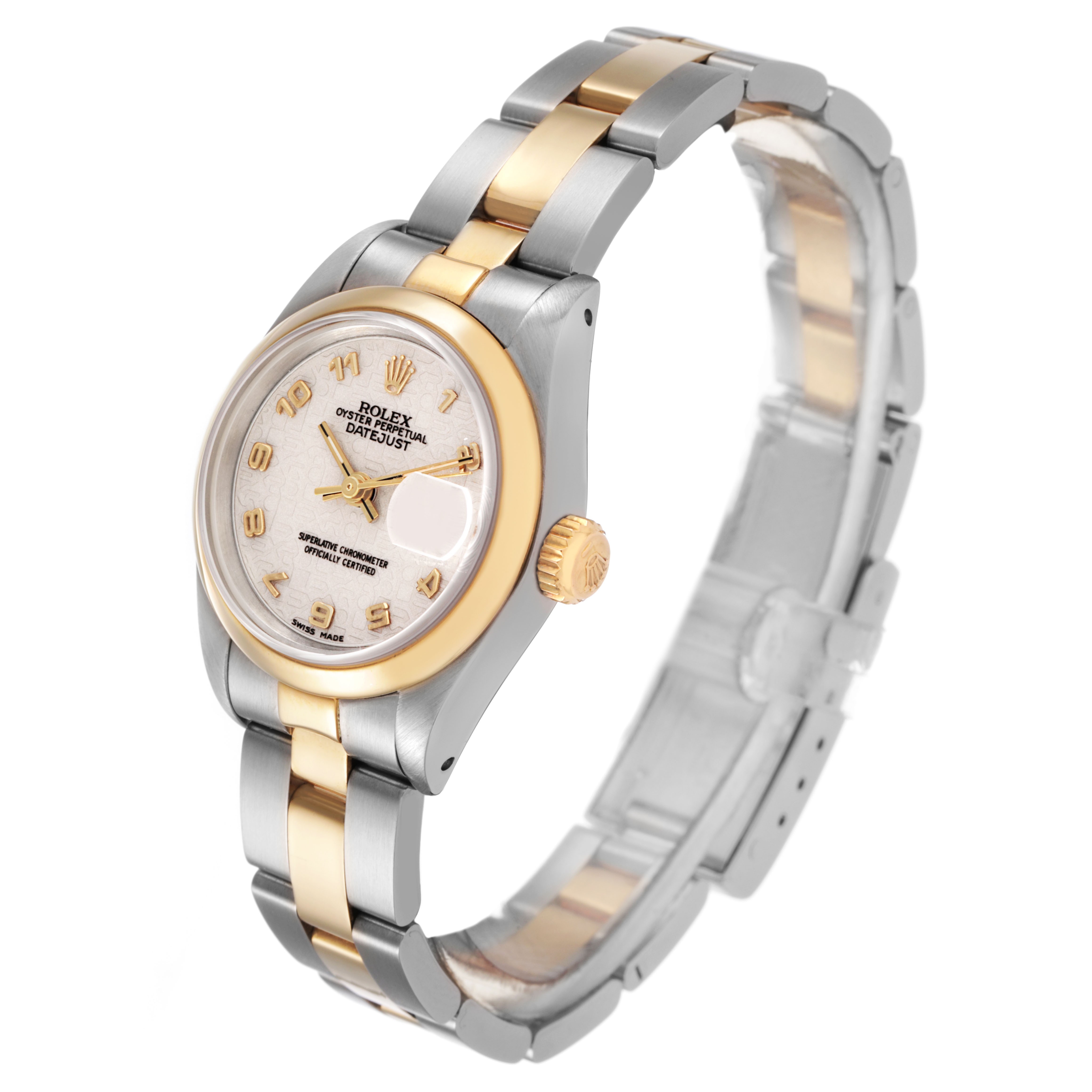 The Rolex Datejust 69163 Women's Steel and Gold (two tone) Beige Dial watch is shown in a three-quarter angle, featuring its dial, bezel, crown, and bracelet.