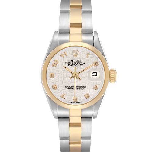 The Rolex Datejust 69163 Women's Steel and Gold (two tone) Beige Dial watch is shown from a top-down angle, highlighting the face, bezel, bracelet, and crown.