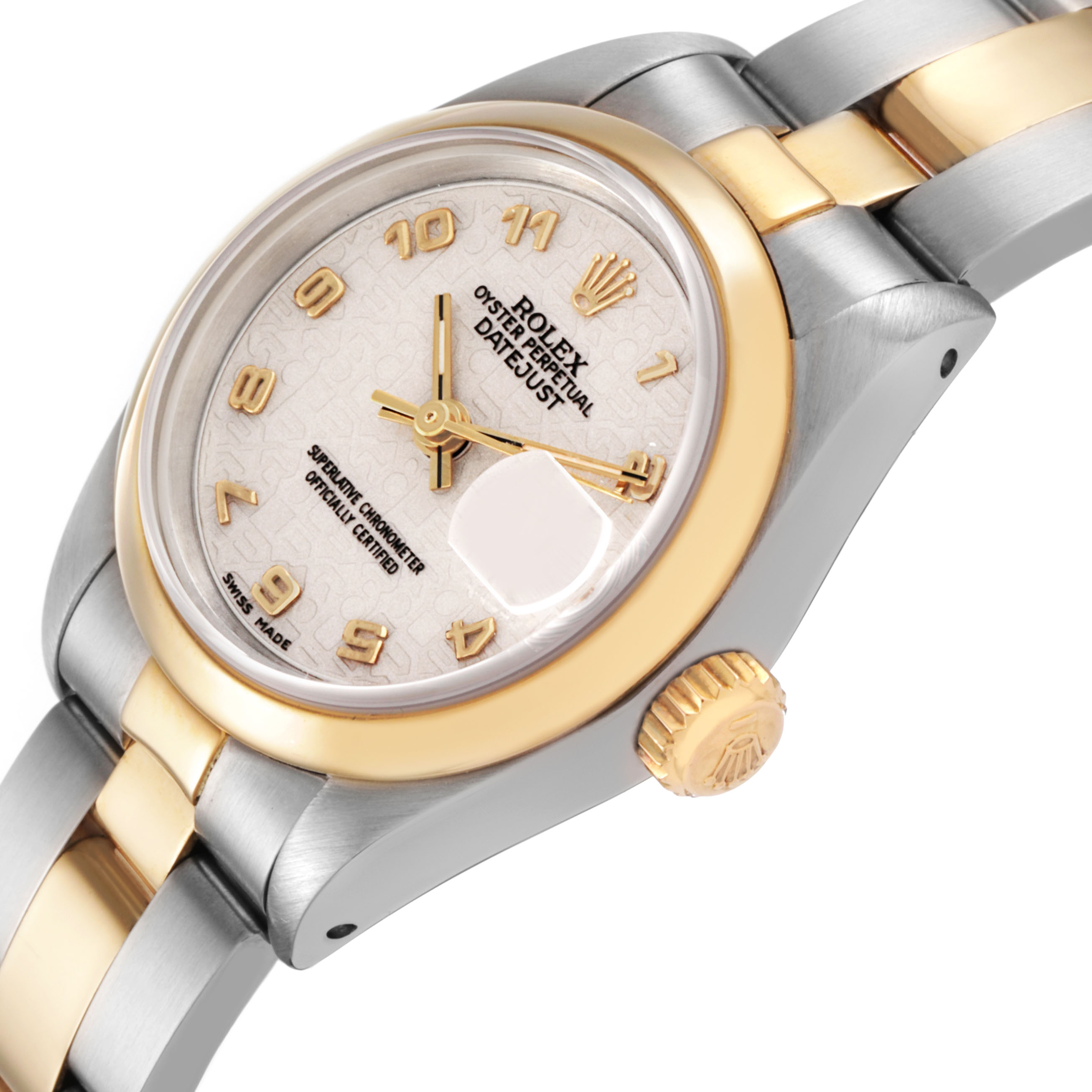 The Rolex Datejust 69163 Women's Steel and Gold (two tone) Beige Dial watch is shown at an angle highlighting the crown, bezel, bracelet, and partial dial with gold accents.
