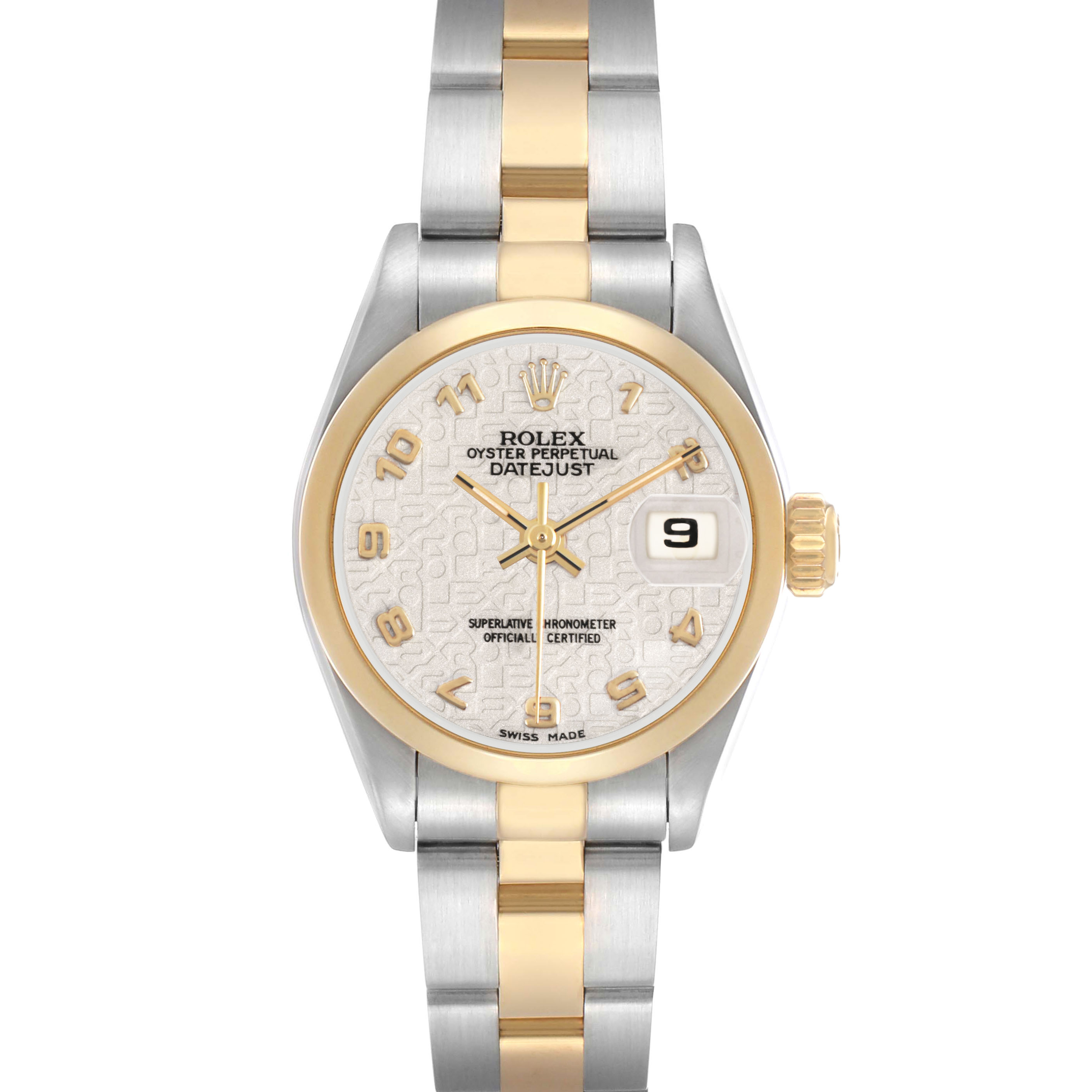 The Rolex Datejust 69163 Women's Steel and Gold (two tone) Beige Dial watch is shown from a top-down view, displaying the dial, bezel, and two-tone bracelet.