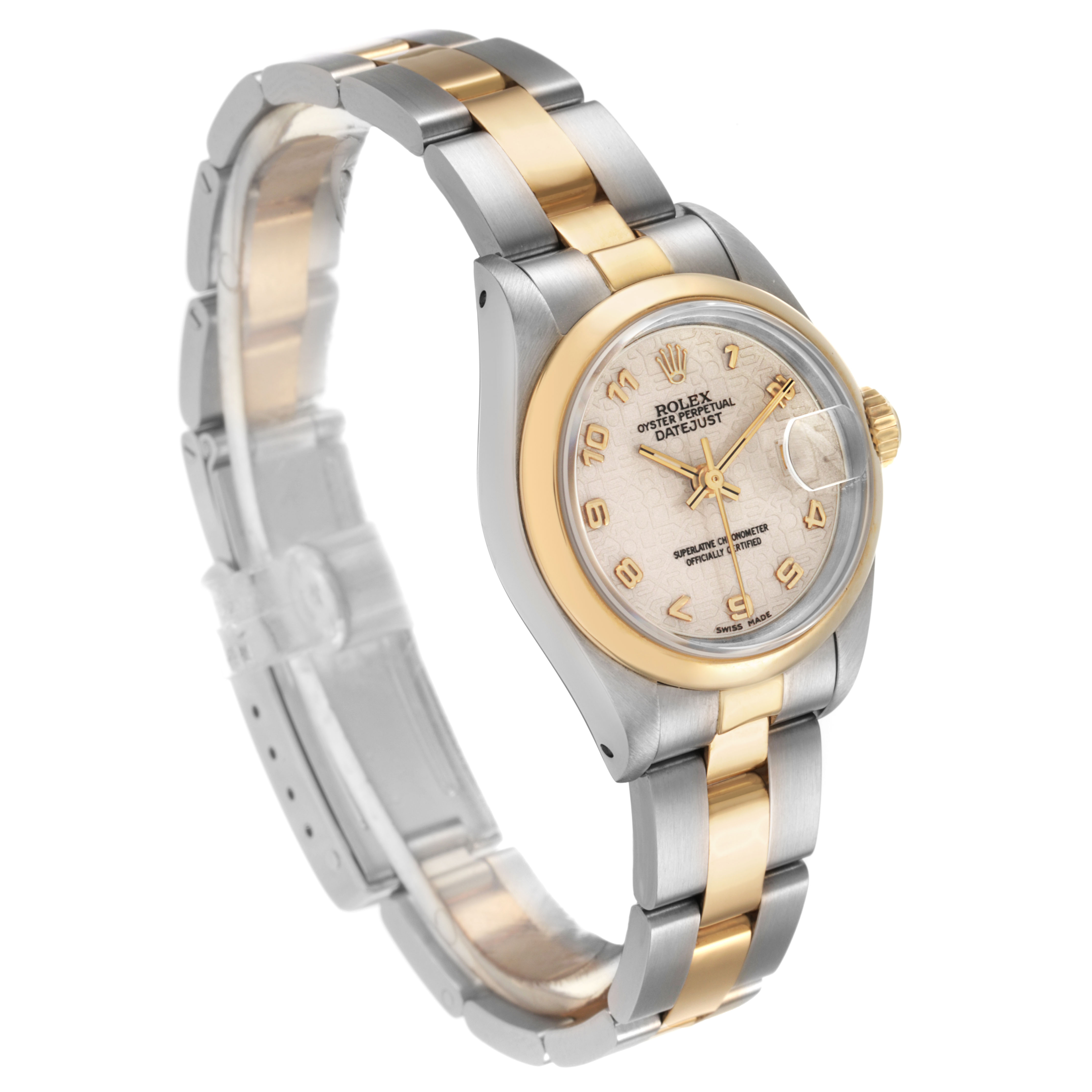 The Rolex Datejust 69163 Women's Steel and Gold (two tone) Beige Dial watch is angled to show the dial, bezel, and two-tone bracelet, highlighting the face and side profile.