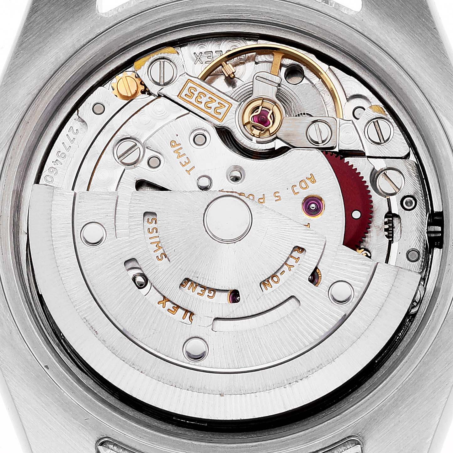 This image shows the internal mechanism of a Rolex Datejust 179173 Women's Steel and Gold (two tone) Silver Dial 179173 Women's Steel and Gold (two tone) Silver Dial watch from the back angle.