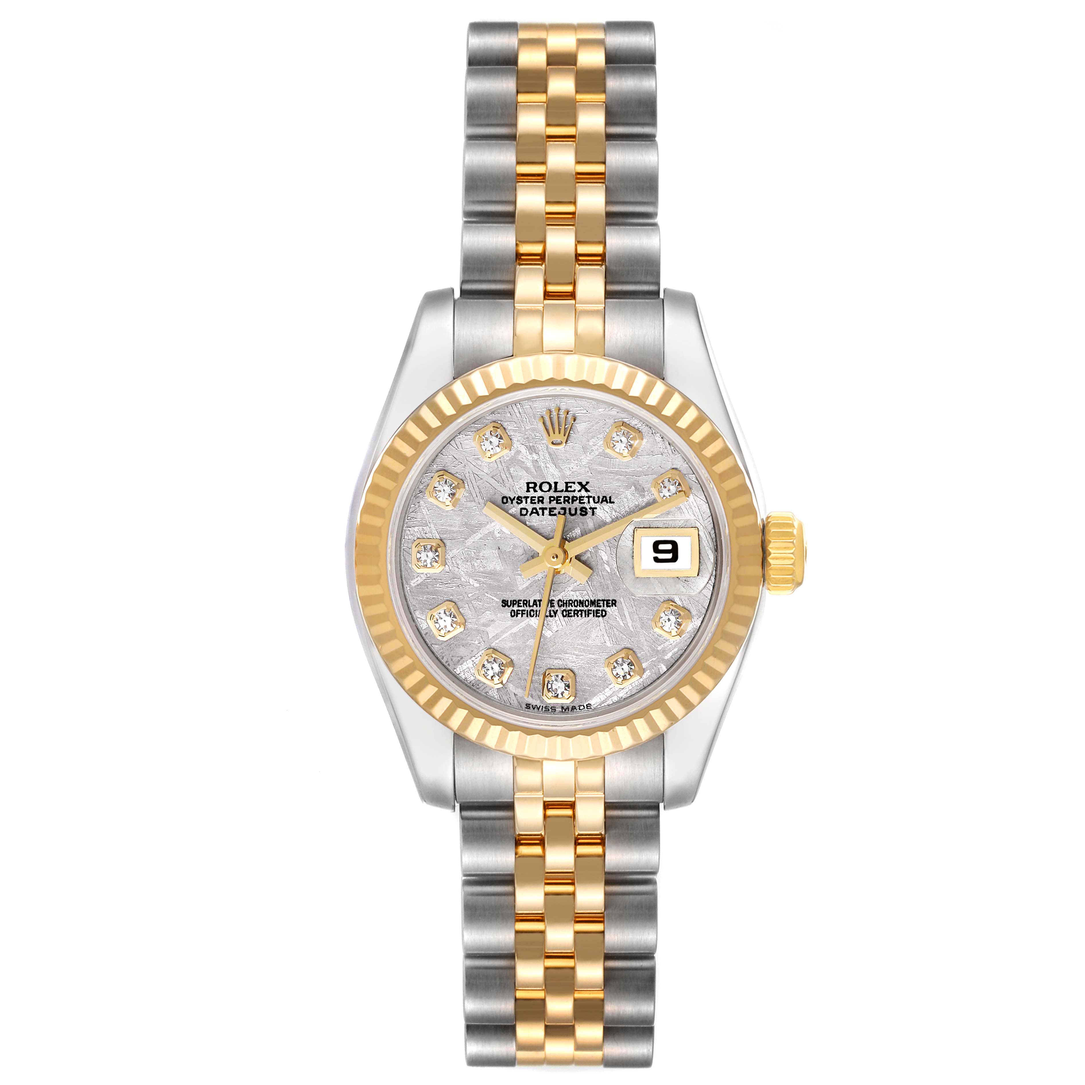 This image shows a front view of the Rolex Datejust 179173 Women's Steel and Gold (two tone) Silver Dial 179173 Women's Steel and Gold (two tone) Silver Dial watch, featuring a two-tone bracelet, diamond indices, date display, and fluted bezel.