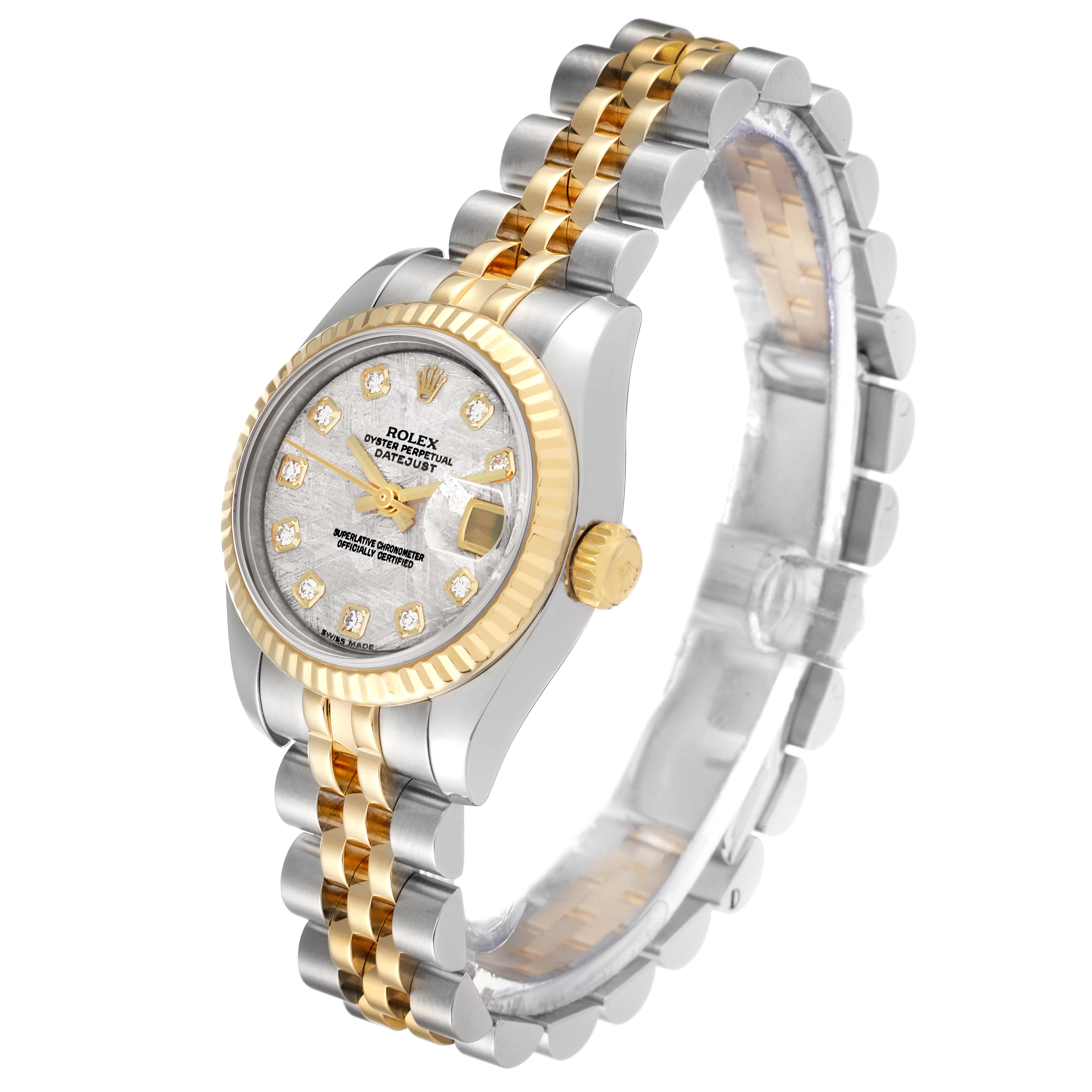 The Rolex Datejust 179173 Women's Steel and Gold (two tone) Silver Dial 179173 Women's Steel and Gold (two tone) Silver Dial watch is shown at a three-quarter angle, highlighting the face, crown, bezel, and bracelet.