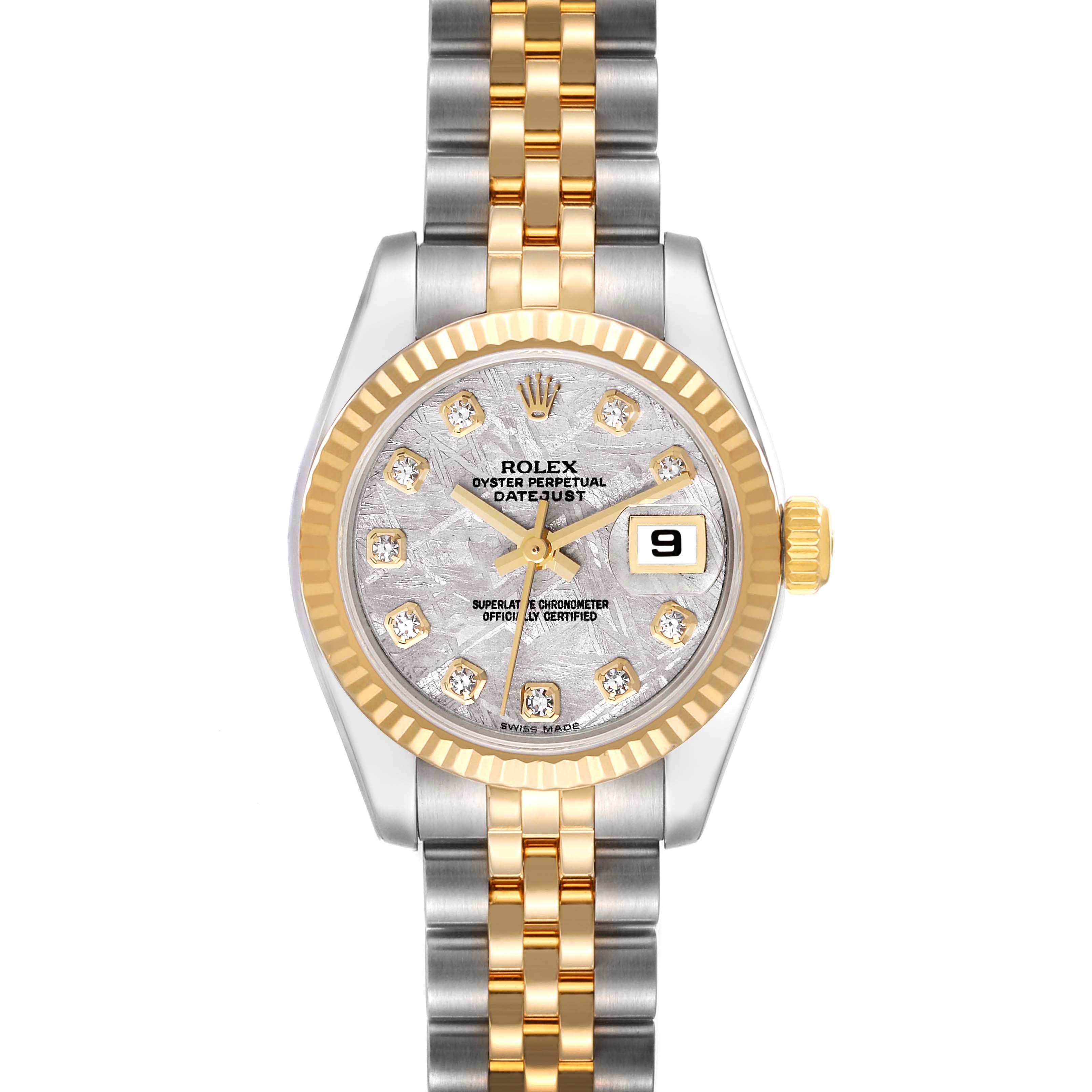 The image shows a front view of a Rolex Datejust 179173 Women's Steel and Gold (two tone) Silver Dial 179173 Women's Steel and Gold (two tone) Silver Dial watch, highlighting the dial, bezel, and two-tone bracelet.