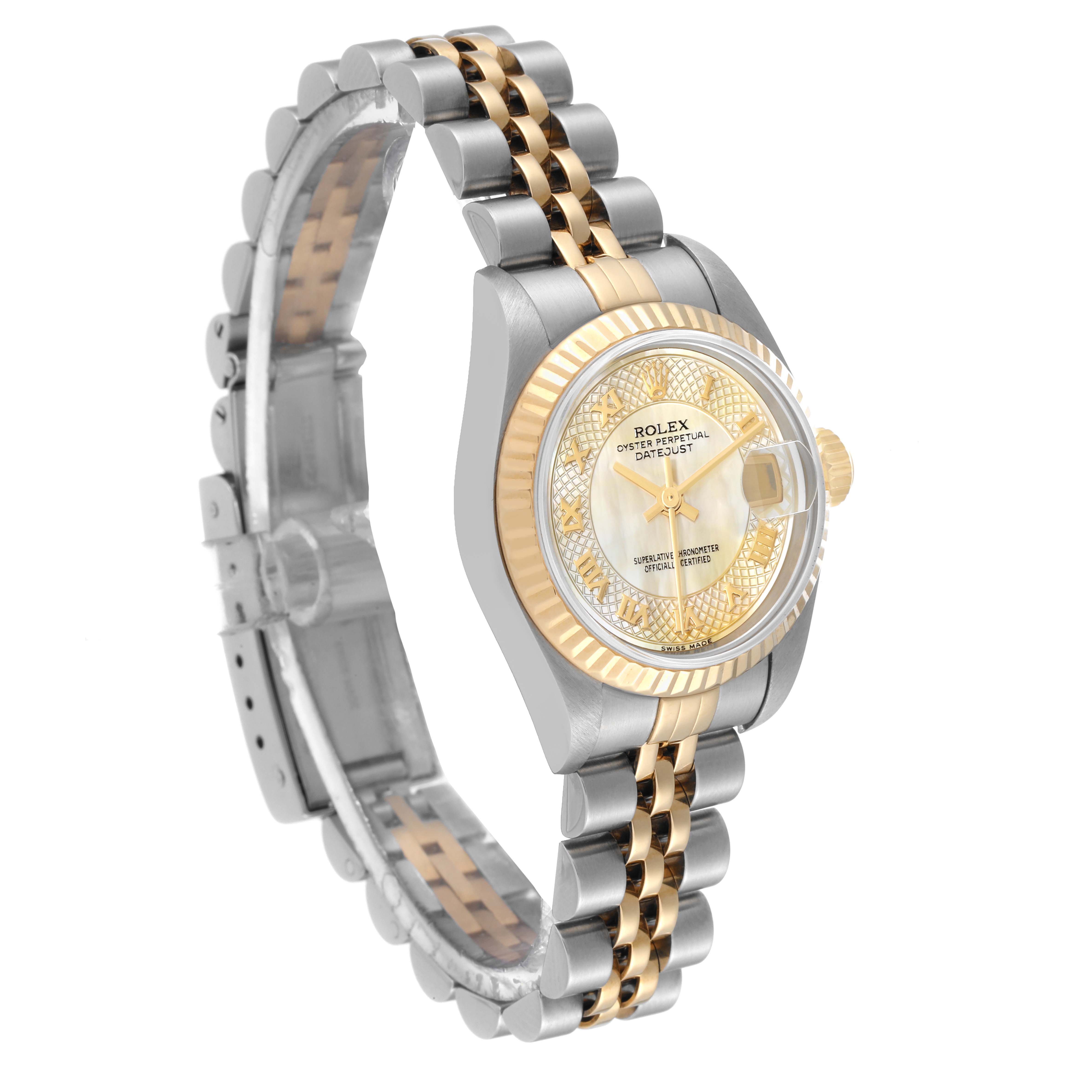 The Rolex Datejust 79173 Women's Steel and Gold (two tone) Mother of Pearl Dial 79173 Women's Steel and Gold (two tone) Mother of Pearl Dial watch is shown at a slight angle, featuring its two-tone bracelet, case, and dial with a date window.