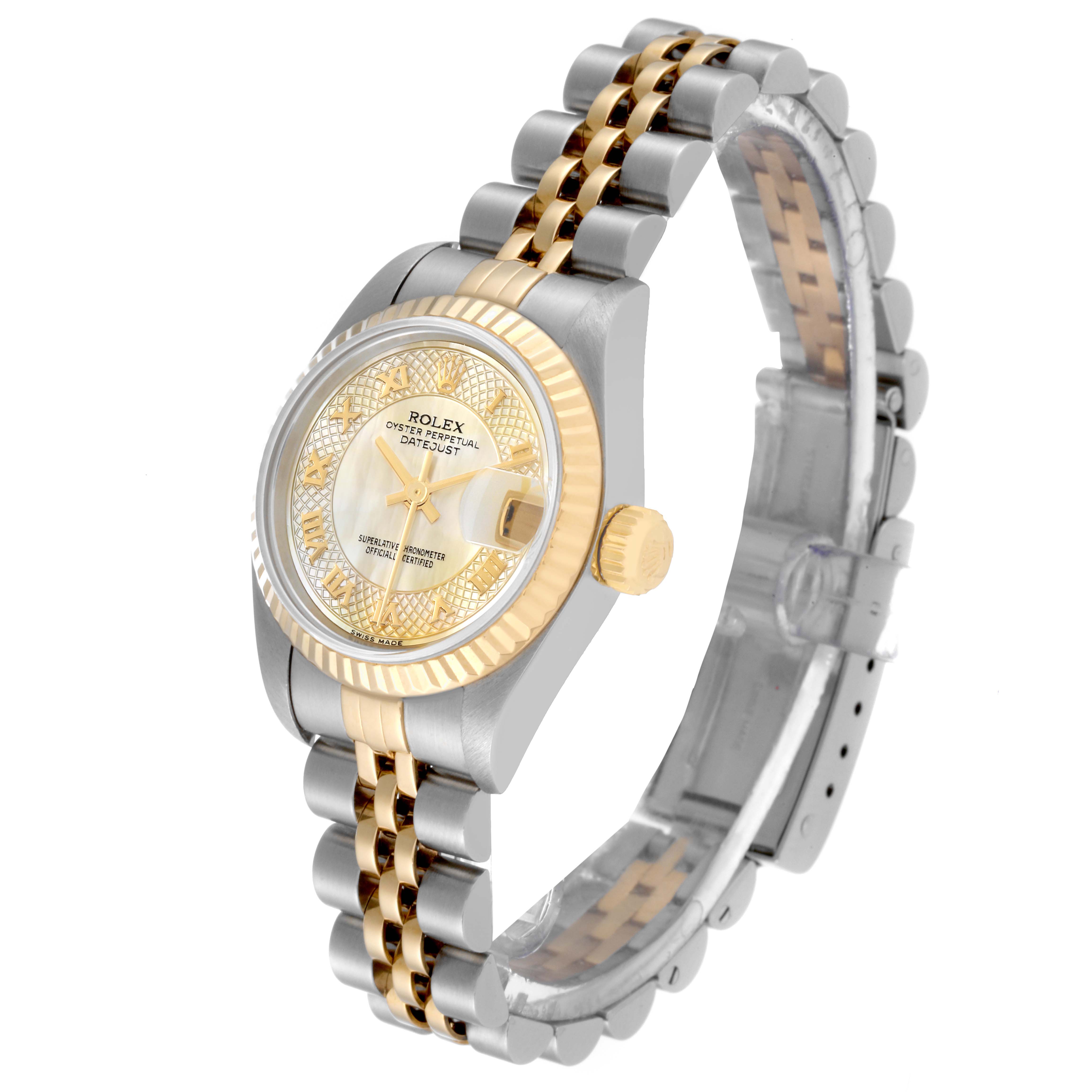 The image shows a Rolex Datejust 79173 Women's Steel and Gold (two tone) Mother of Pearl Dial 79173 Women's Steel and Gold (two tone) Mother of Pearl Dial watch at an angled view displaying its face, bezel, crown, and two-tone bracelet.